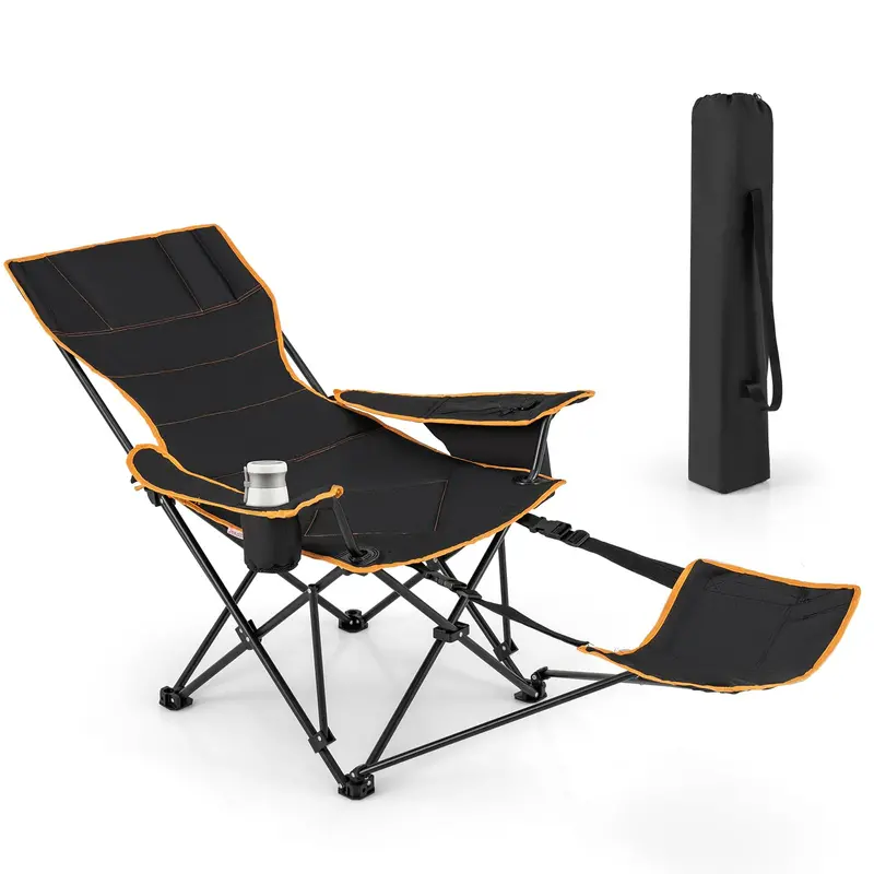 2-in-1 Reclining Camping Chair – Detachable Footrest. 5-Position Back Support & Built-In Cup Holder