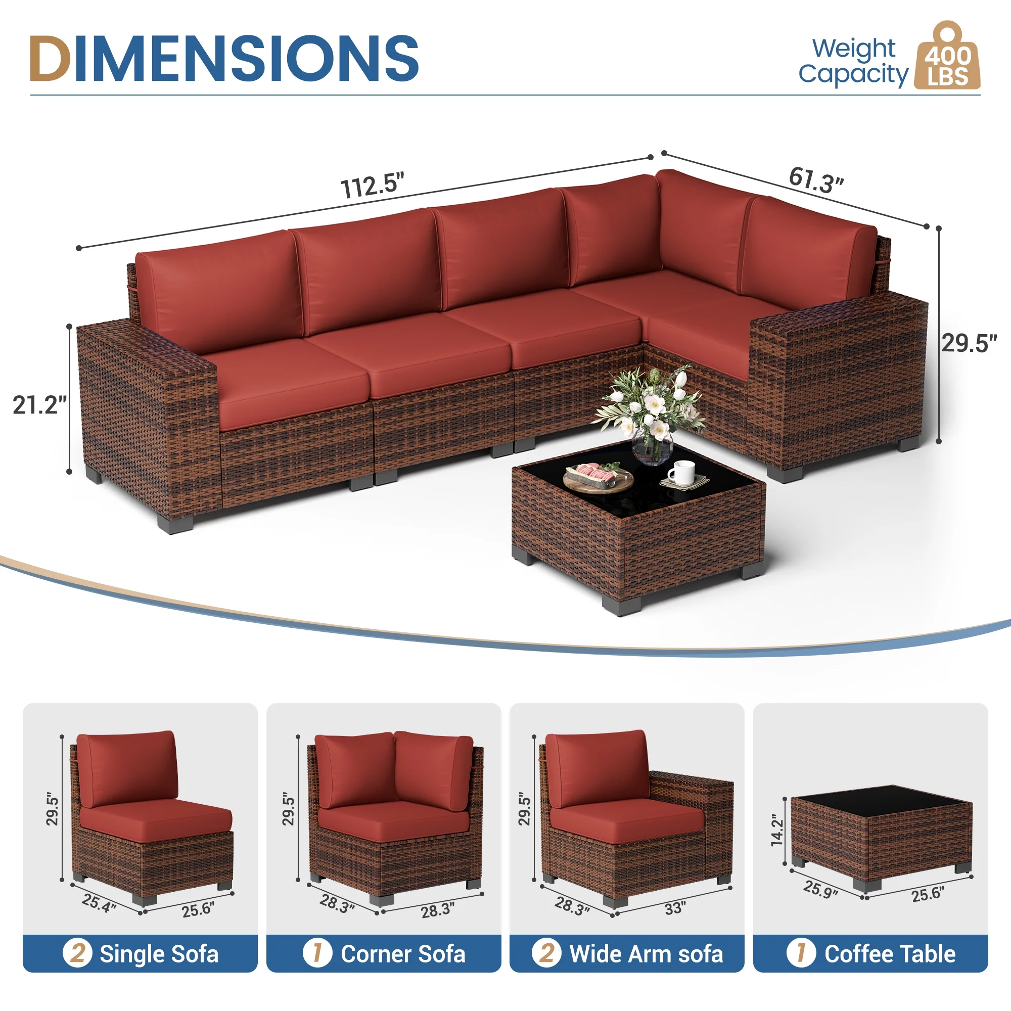 Poteban Patio Furniture Set 6 PCS Outdoor Sectional Conversation Sets Featuring Widen Wicker Armrests and High Back, Black (Waterproof Covers Included)