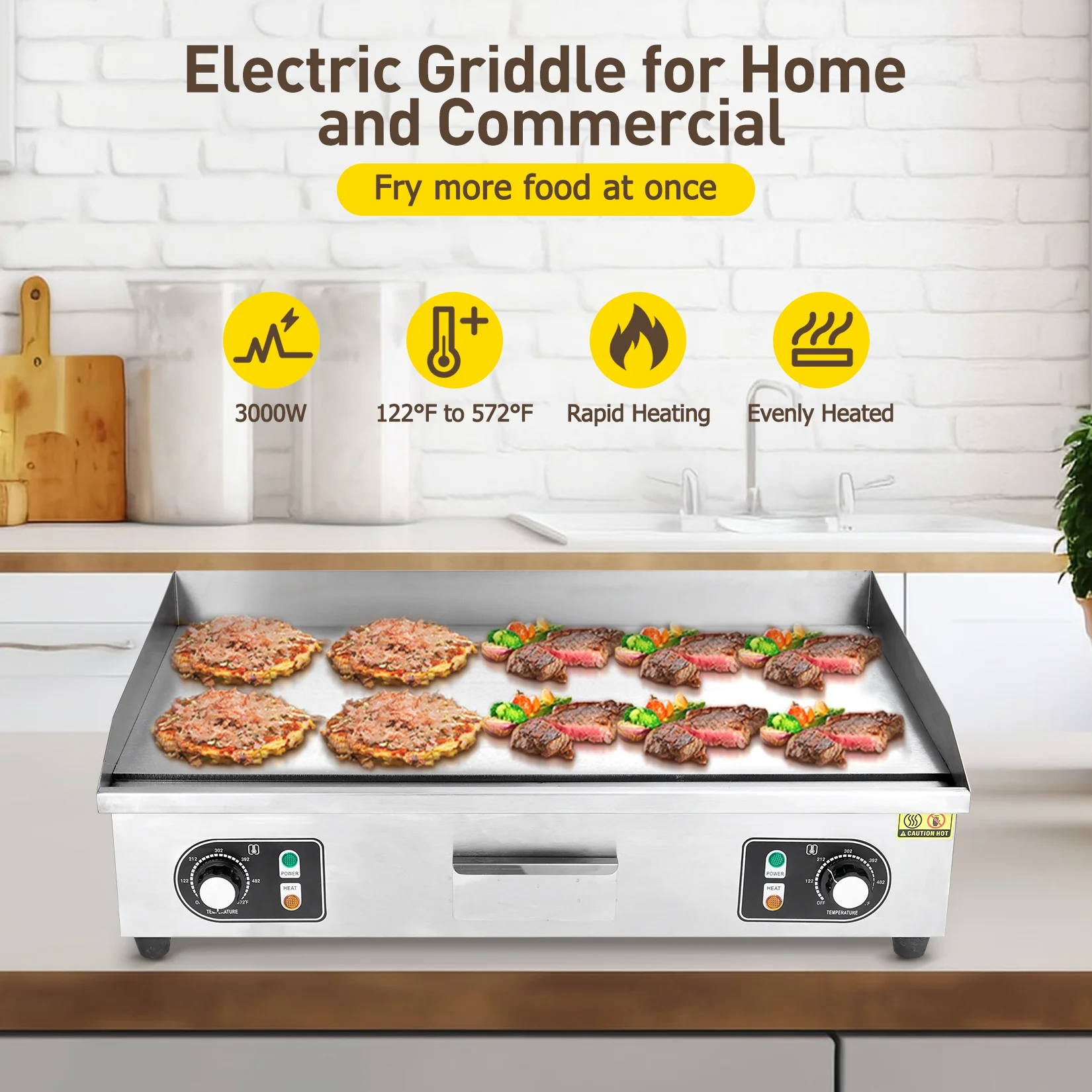 EastVita 22-Inch Commercial Electric Countertop Grill, Non-Stick Electric Grill Plate, Temperature Control 122��F-572��F, 1600W Electric Grill Pan