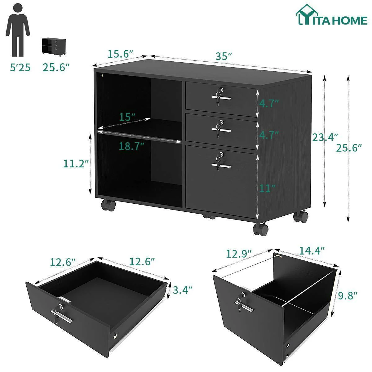 DEXTRUS 3 Drawer Lateral File Cabinet, Printer Stand with Drawers, File Cabinet Fits A4 Letter Legal Size Folders, Black