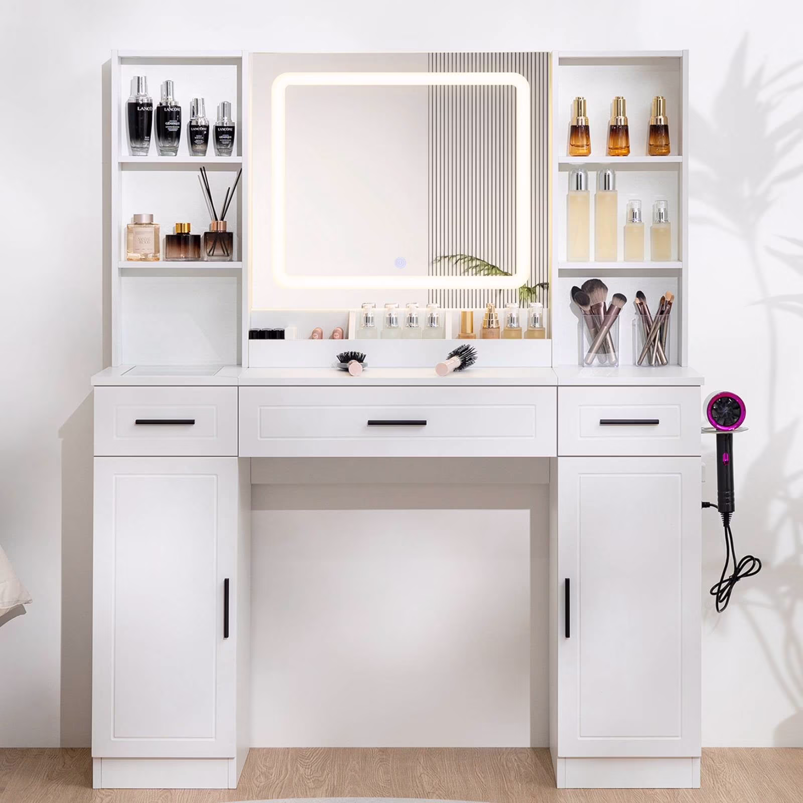 Hommpa Vanity, Makeup Vanity with LED Lighted Mirror Vanity Desk with Drawers Vanity Table with Charging Station for Girls Bedroom Storage Shelves, White