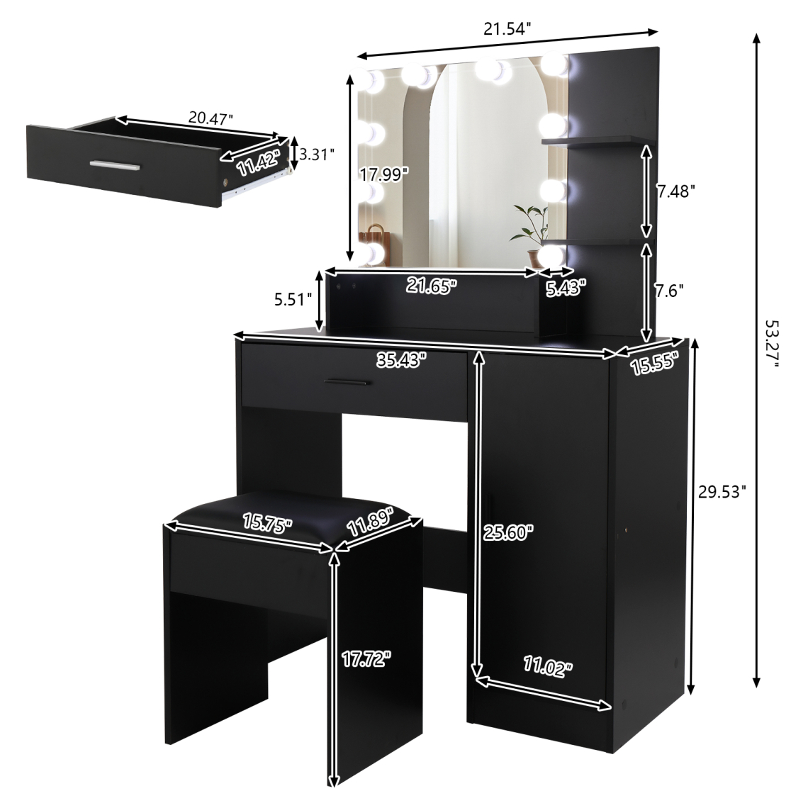 Black Bedroom Makeup Vanity Set, Vanity Desk with Light, Mirror and Cushioned Stool, Modern Makeup Dressing Table for Girls, Wife, Daughter, Mother, Adjustable Light Brightness