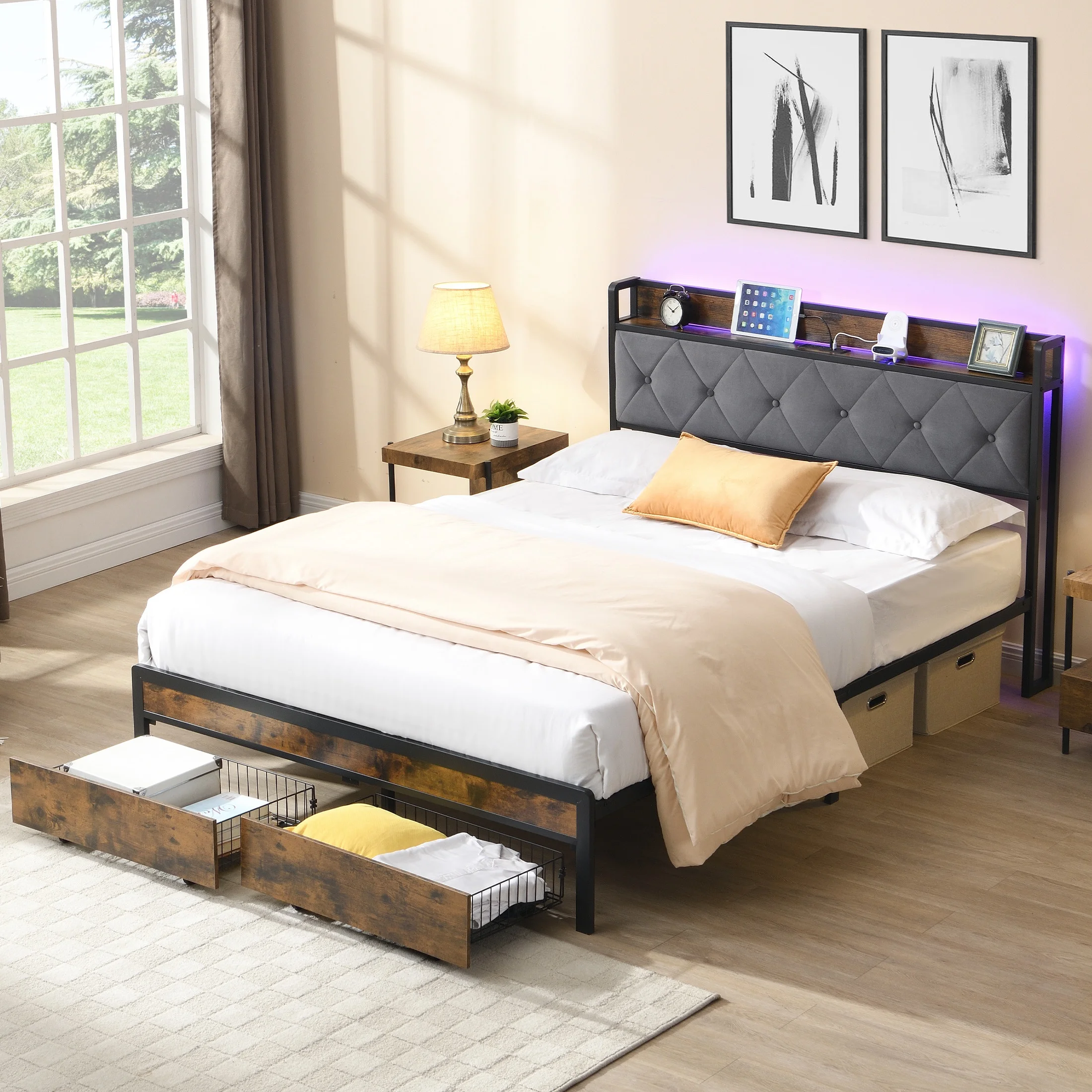Full Bed Frame with Upholstered Headboard and LED Light, SYNGAR Platform Bed Frame with Charging Station and 2 Drawers, No Box Spring Needed, Easy Assembly, Oak Color