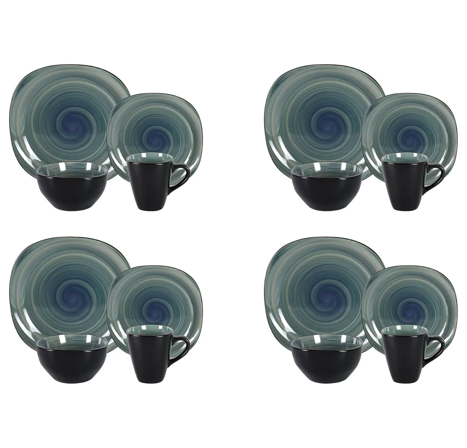 Stoneware Square 16pc Dinnerware Set, Inside Spinwash Swirl Orange + Outside Black