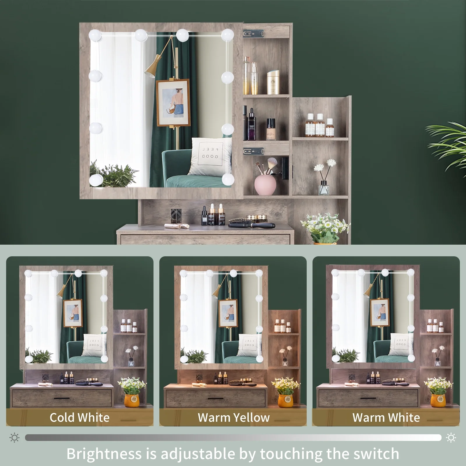 Ktaxon Vanity Set with 3 Color Lighted Mirror & Charging Station, Makeup Table with 3 Storage Shelves & Drawers, Dressing Table Makeup Desk with Stool,Retro Gray