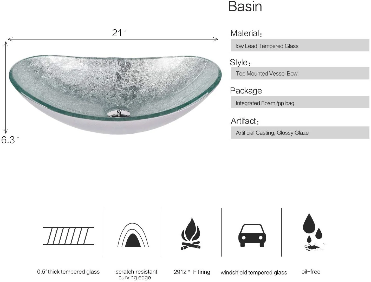 ELECWISH Bathroom Sink and Faucet Combo Artistic Tempered Glass Vessel Sink Basin Washing Bowl Set, Cabinet Countertop Sink with Chorme Faucet Pop-up Drain (Oval Silver)