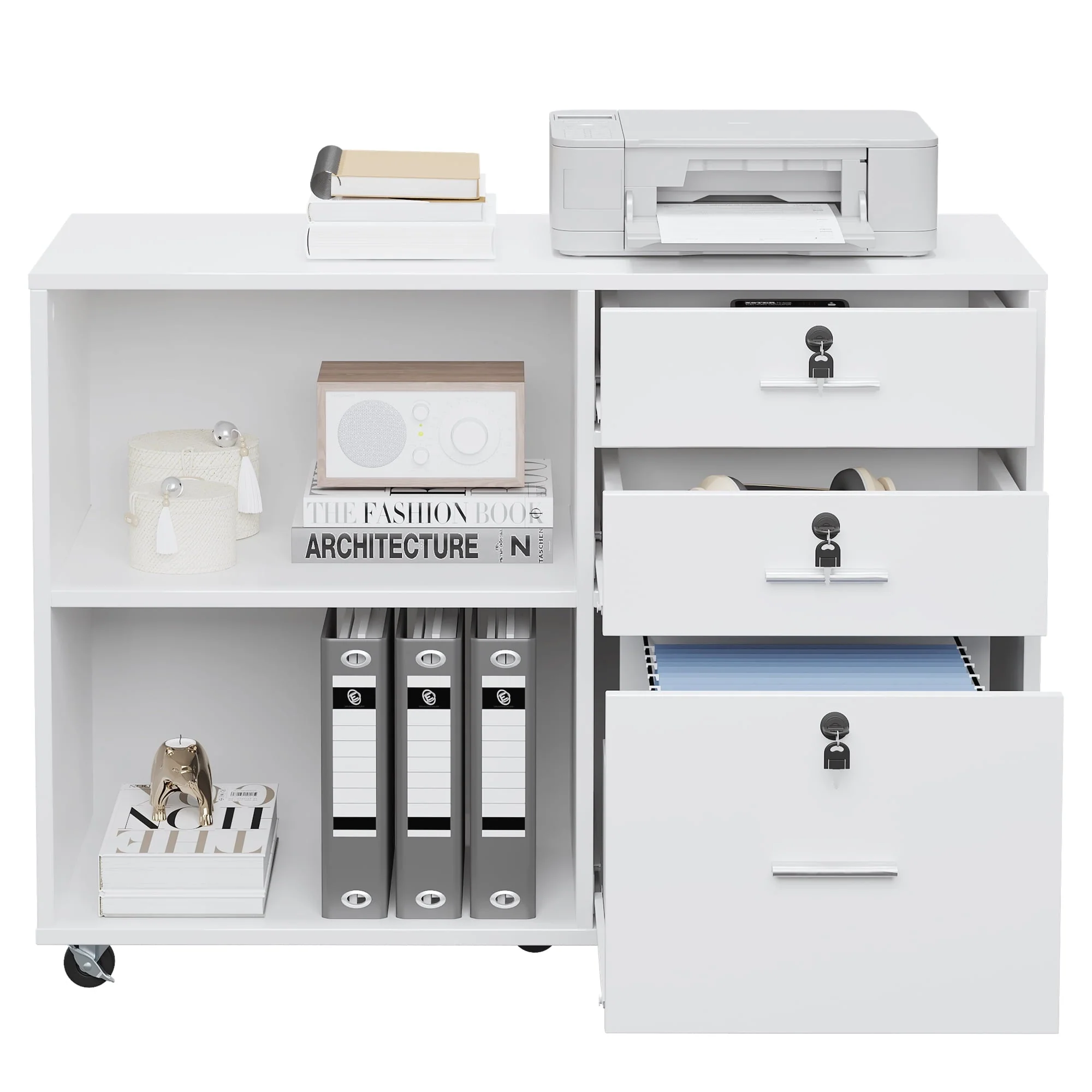 DEXTRUS 3 Drawer Wood Lateral Filing Cabinet with Locks, Printer Stand Storage File Cabinet with Shelves for Home Office, White