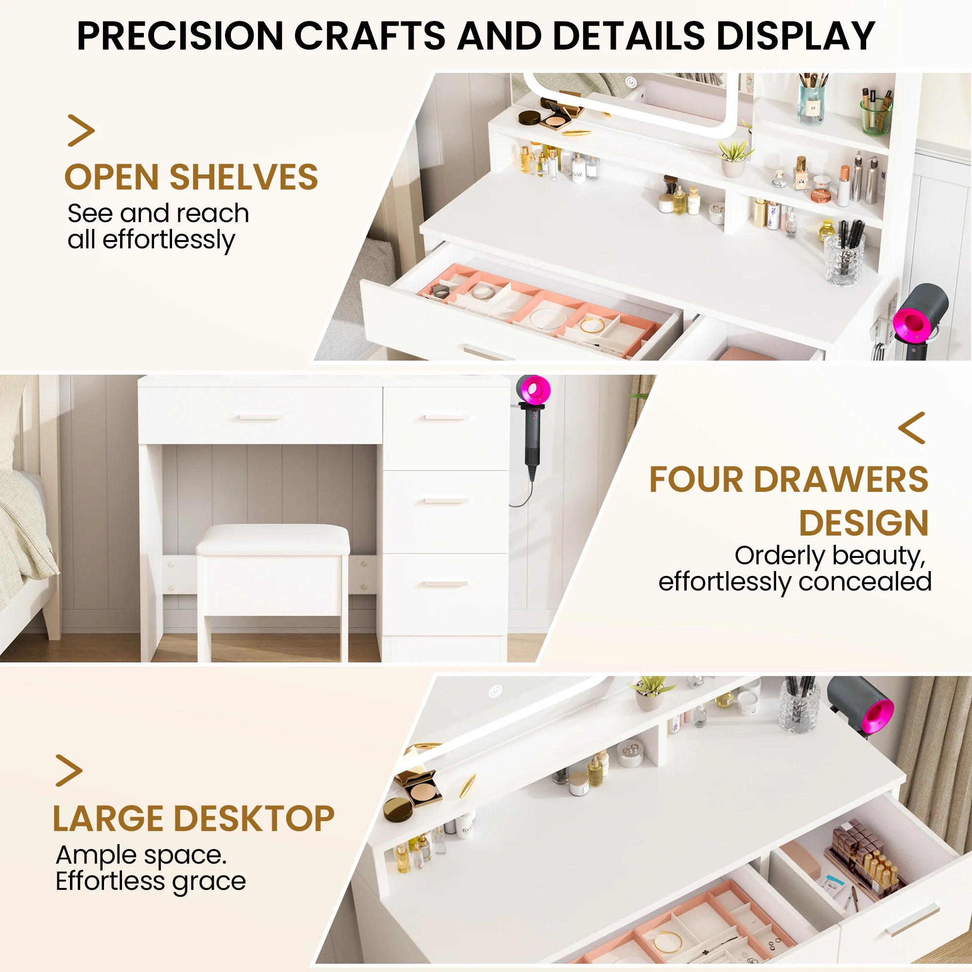 LIVELYGLOW Vanity Desk with Mirror and Lights, Makeup Vanity with Drawer & Storage Shelves, Cabinet, 3 Lighting Modes Adjustable Brightness,White
