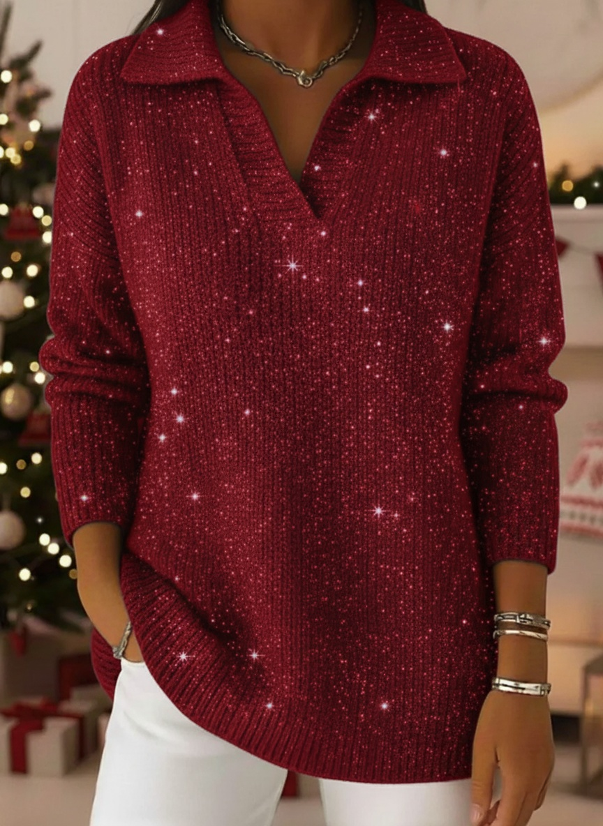 🎄 New Arrivals🔥Elegant Party Polo Collar Shiny Loose Sweater Top-Perfect for Dinners, Gatherings, Nights Out