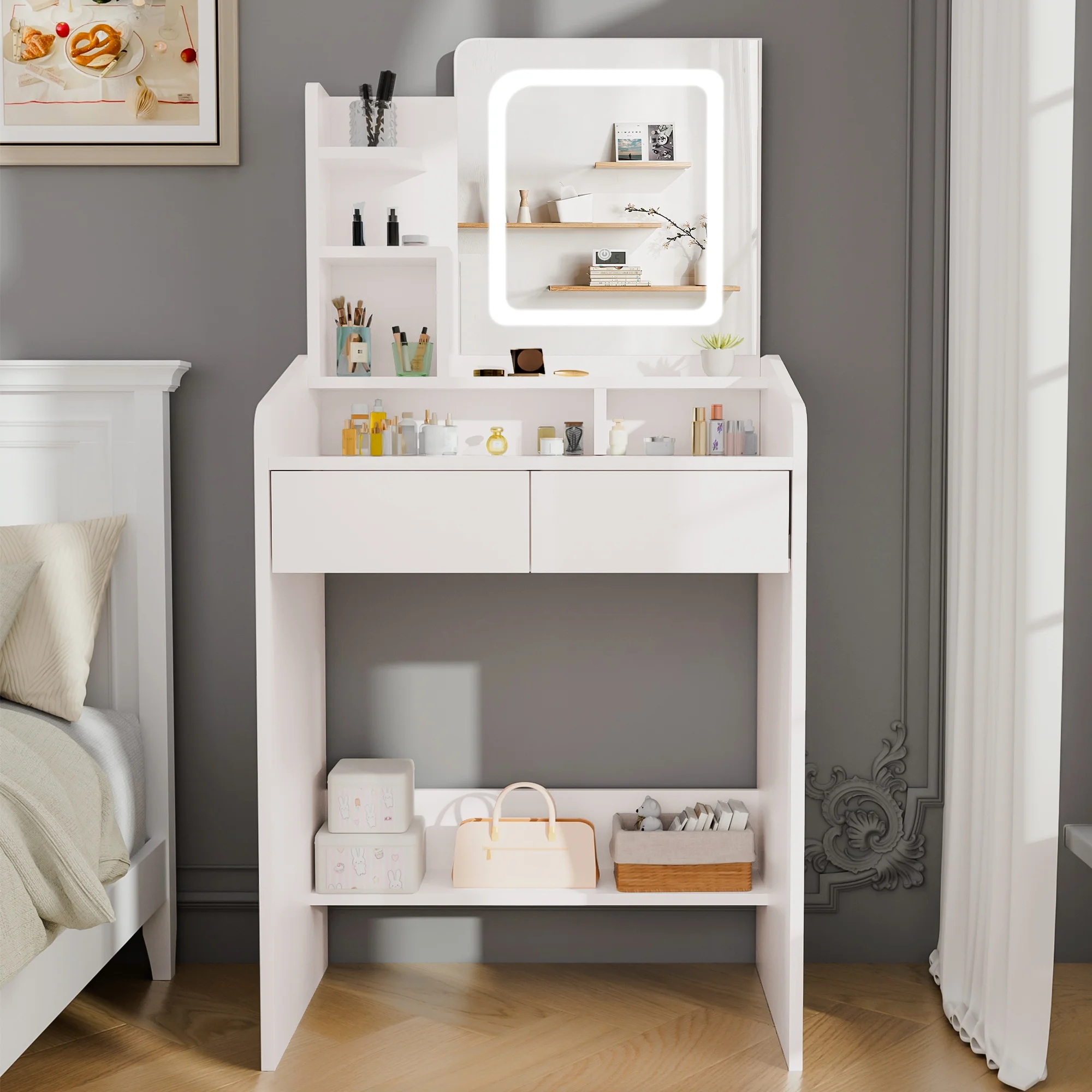 LIVELYGLOW Vanity Desk Set with Square Mirror and Light- Small Vanity Table with Drawers- White
