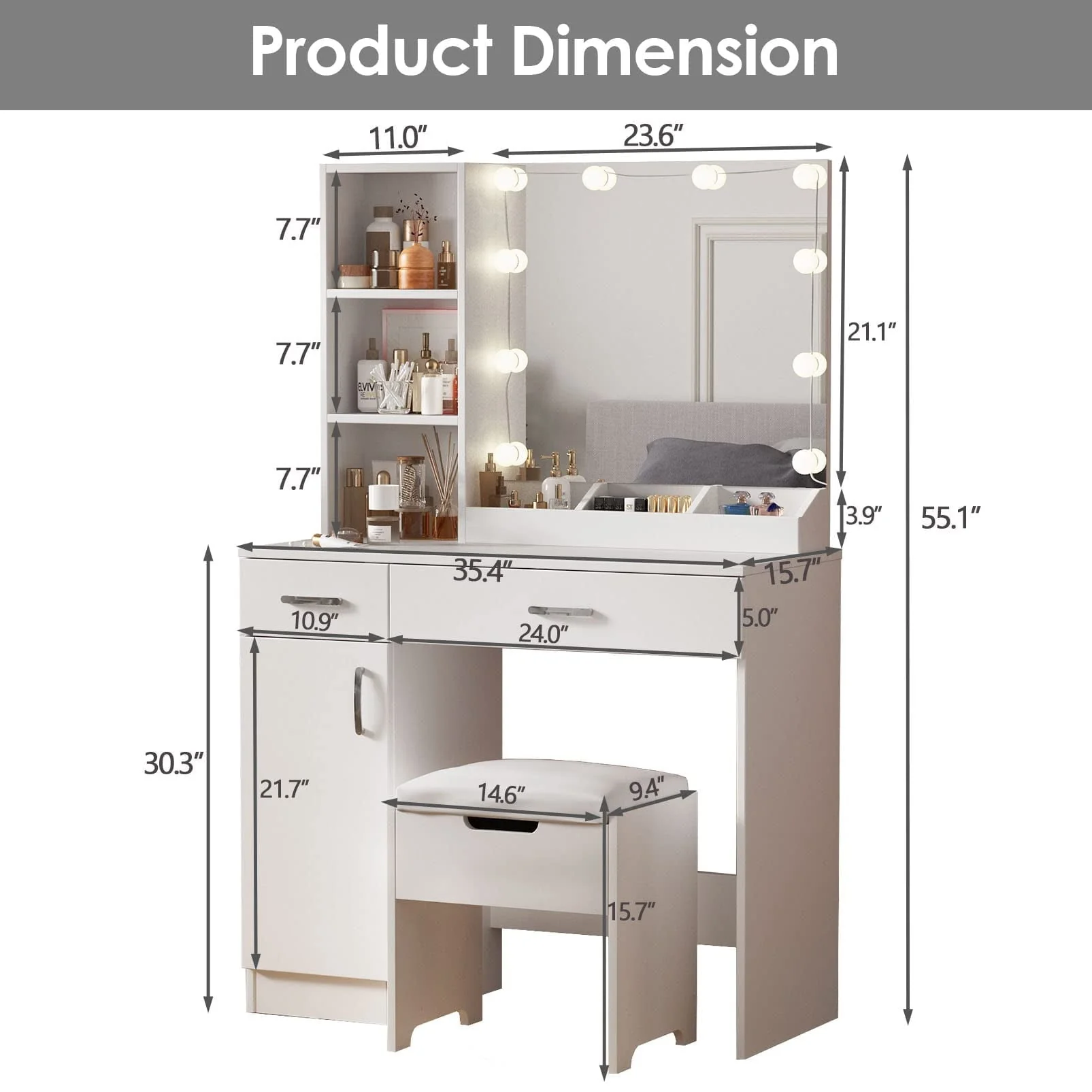 Veanerwood Makeup Vanity Table with 10 Led Lights, Lighted Mirror Vanity Desk, Modern Bedroom Dressing Vanity, White Finish