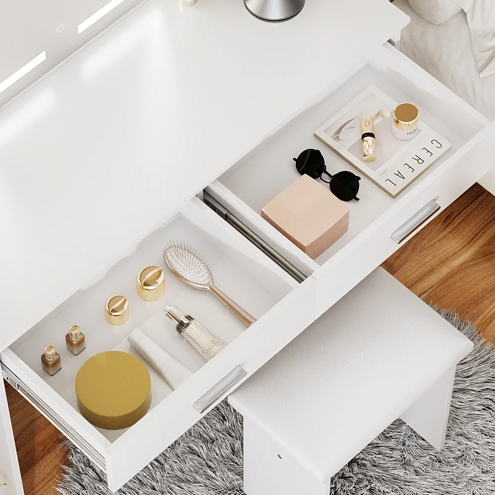 RichYa Modern Makeup Vanity Set with Lights Mirror and Drawers,White Makeup Desk,Dressing Table