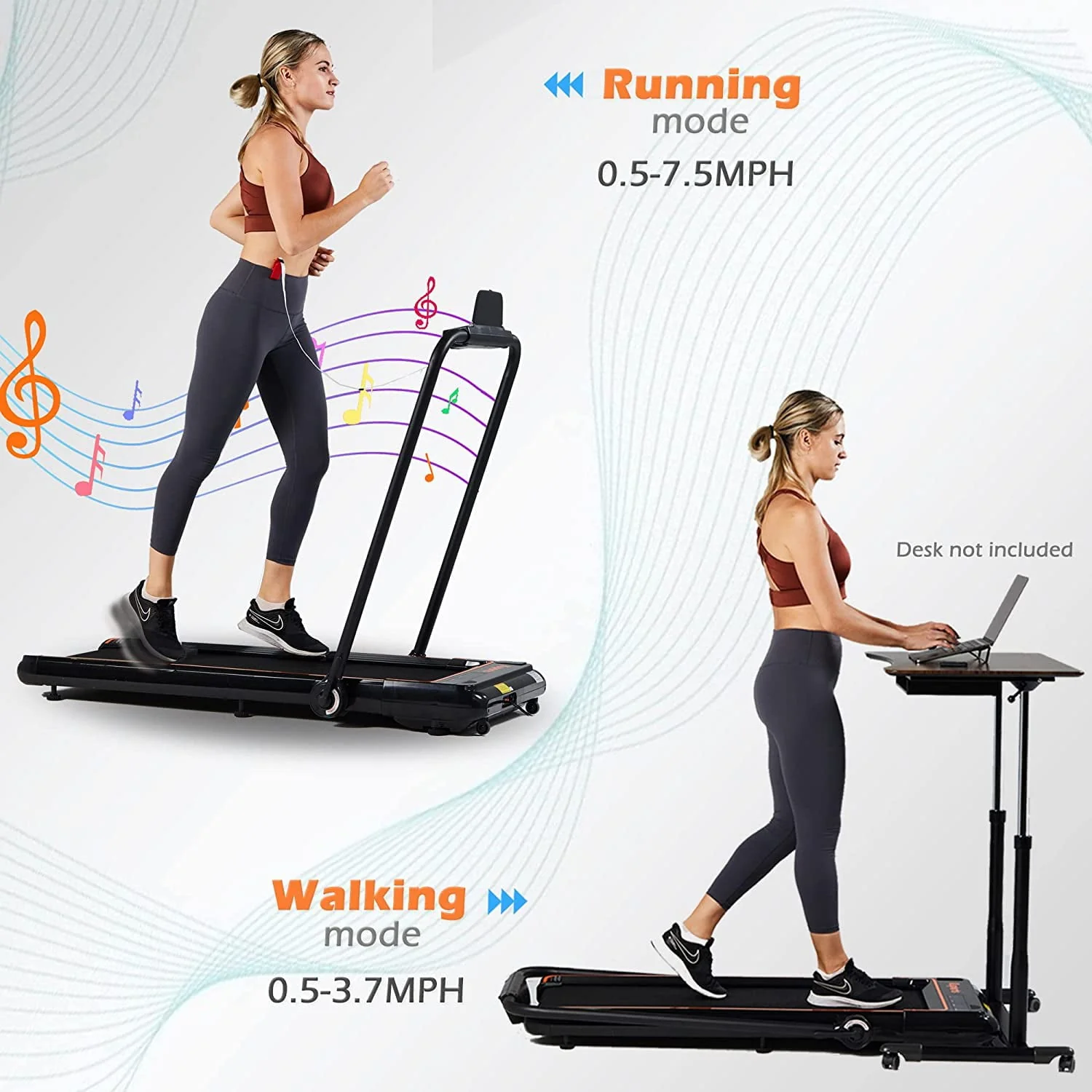 Ksports 3 in 1 Folding Treadmill, 2.25hp Under Desk Treadmill, Walking Pad, Installation & Lubricant-Free, Bluetooth Speaker, Fitshow App, 2 LED Display, Walking, Running & Sit Ups for Home Office Gym