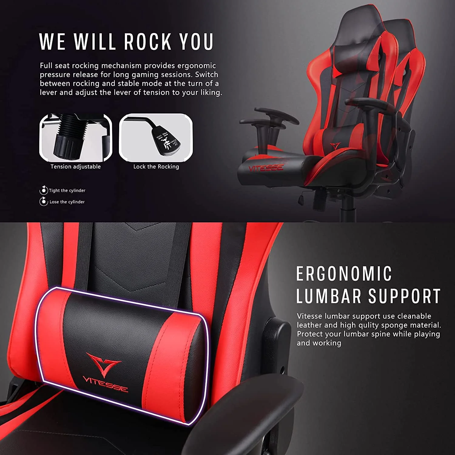 Vitesse gaming chair, 2022 Racing style gamer chair for teens,Comfortable High Back game chair,Lumbar Support and Headrest Computer Desk Chair with Height Adjustable Swivel Office Chair