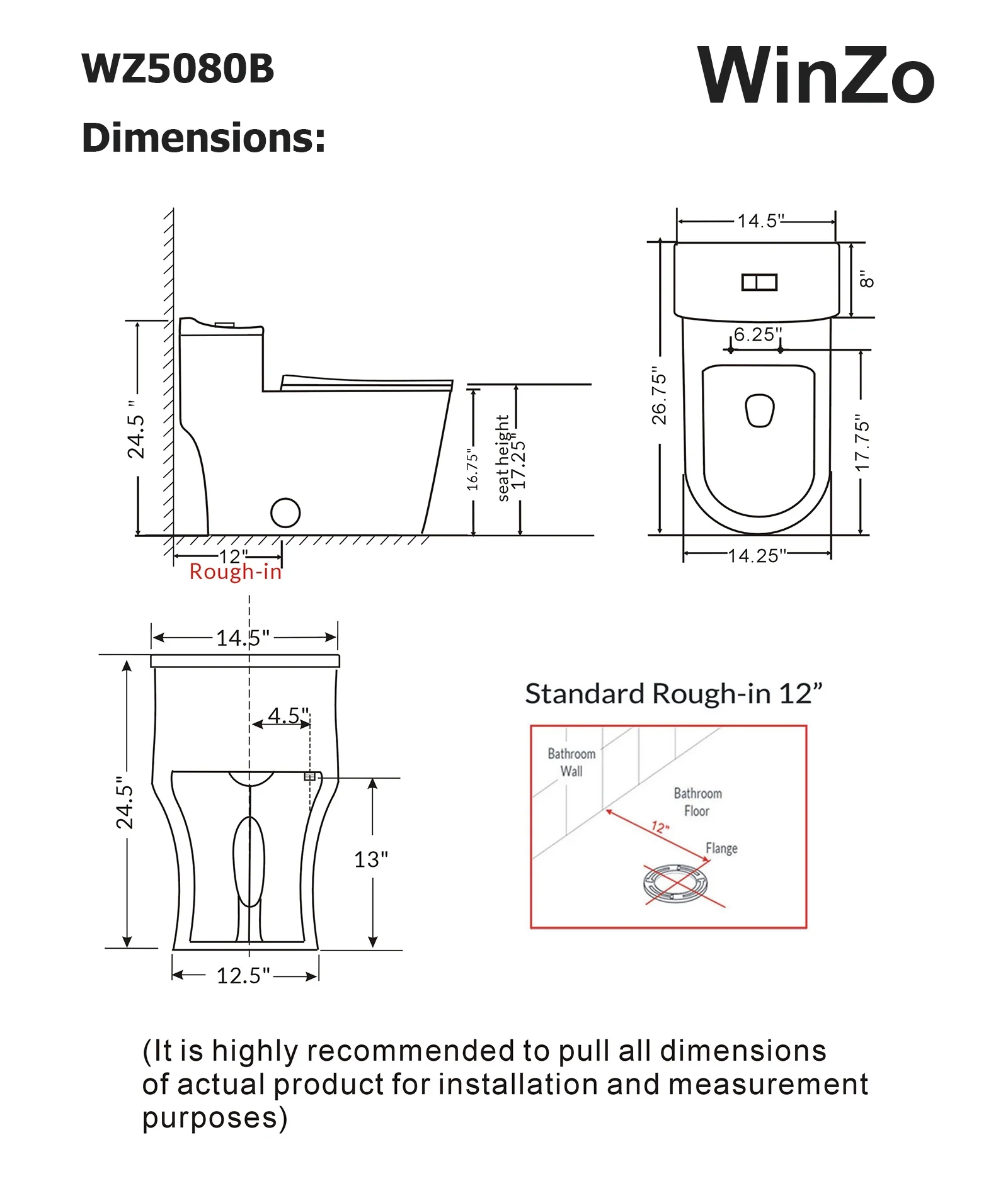 WinZo WZ5080B Modern One Piece Toilet Dual Flush 1.28 GPF Comfortable Elongated 17.25