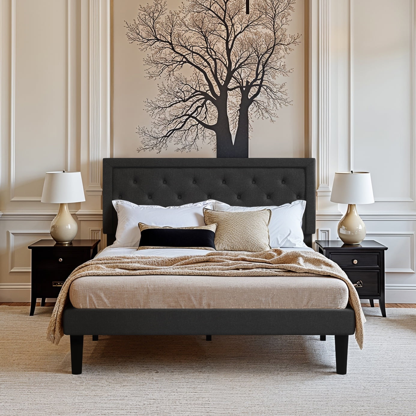 Einfach Modern Queen Size Bed Frame with Upholstered Headboard,No Box Spring Needed,Black