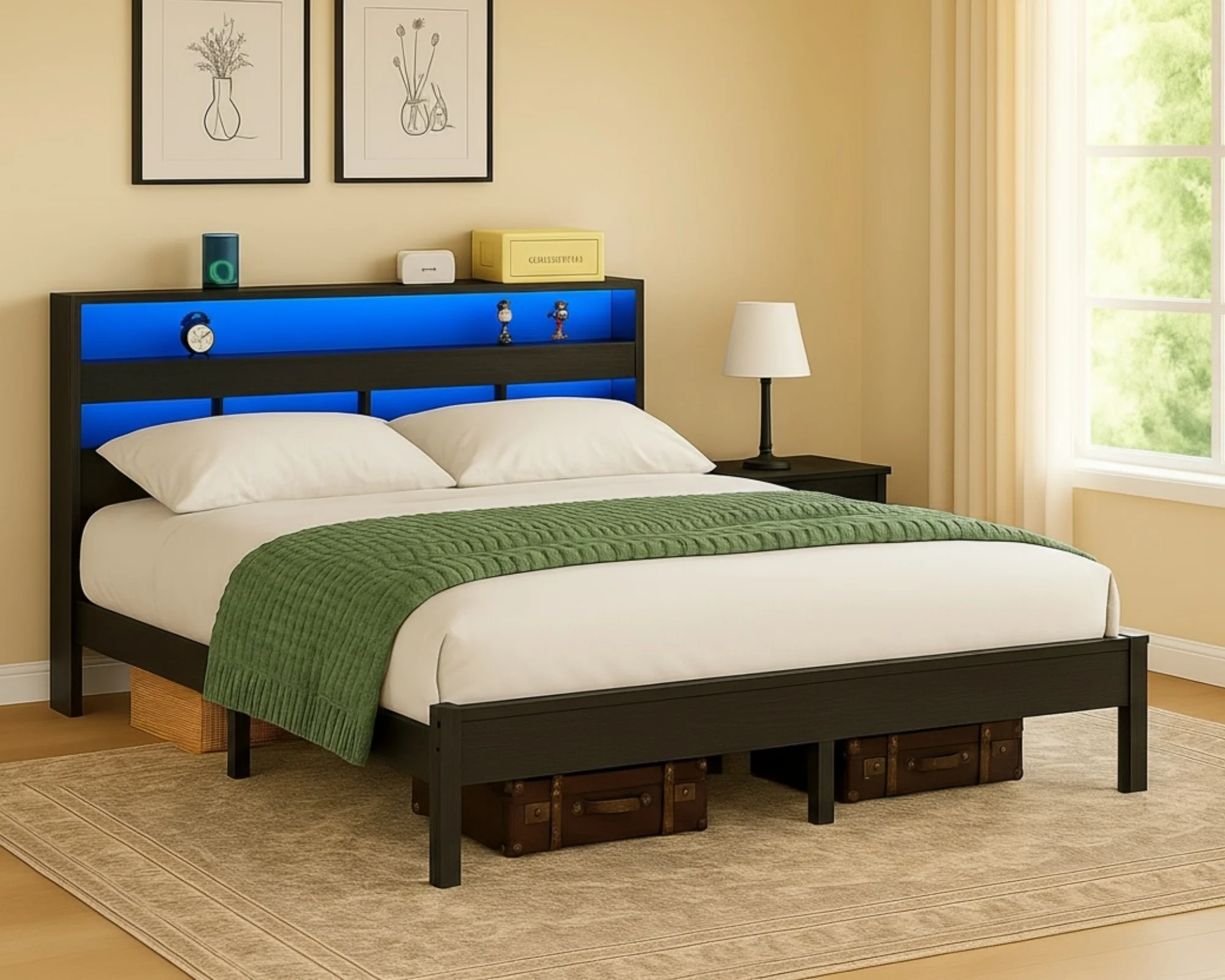 Dyzmo Full Size Bed Frame with Headboard, LED Platform Bed with Built in Charging Station, Noise-Free, Metal Support Base, No Box Spring Needed, Black