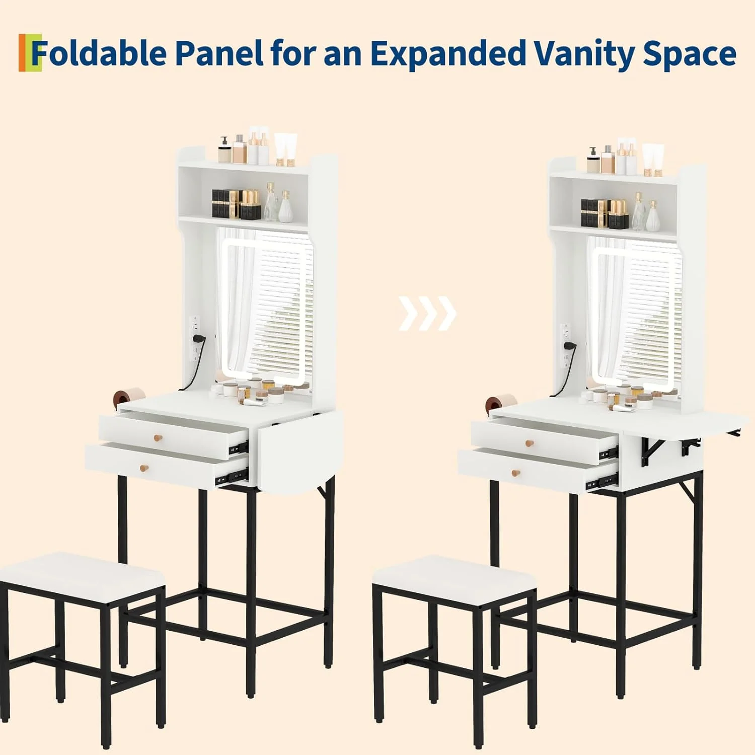 Small Makeup Vanity Desk with Mirror and Lights,Vanity Table Set with Storage Drawer,Hair Dryer Holder,Fold-Up Panel,Stool and Shelves,Compact Makeup Dressing Table for Bedroom Apartments
