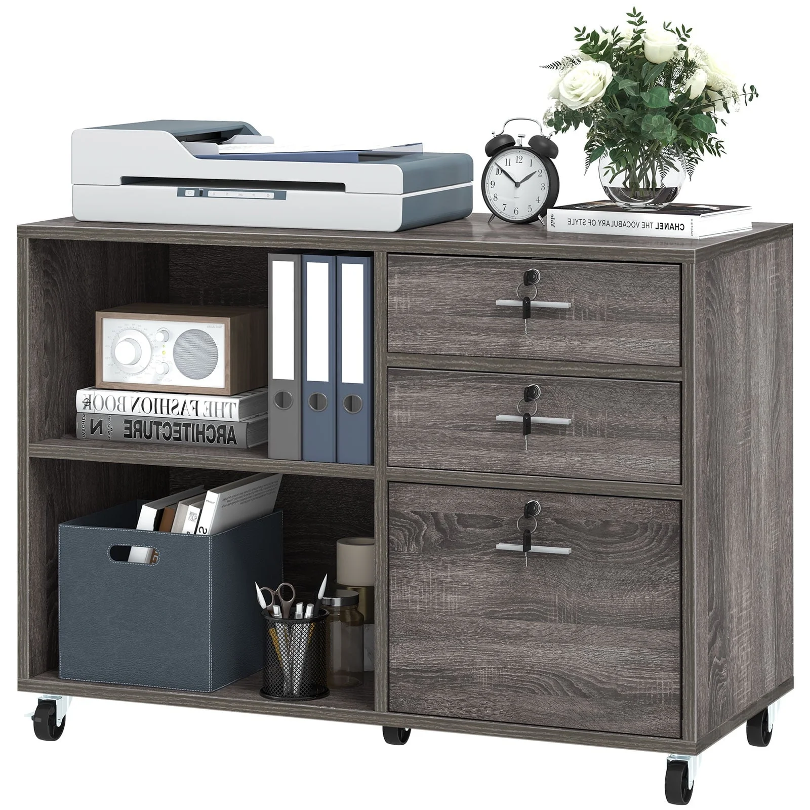 DEXTRUS 3 Drawer Lateral File Cabinet, Printer Stand with Drawers, File Cabinet Fits A4 Letter Legal Size Folders, Black