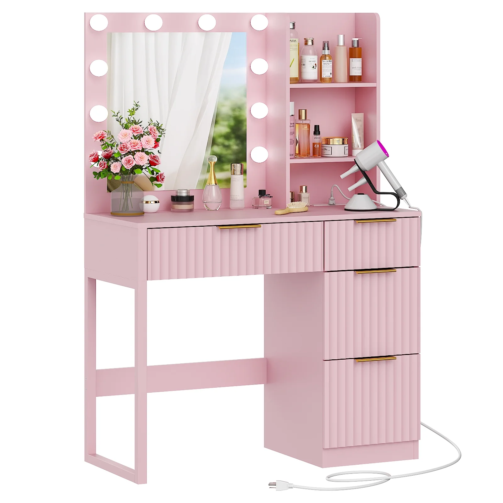 Ktaxon Vanity Set with 3 Color Lighted Mirror, Makeup Table with 3 Storage Shelves & Drawers, Dressing Table Makeup Desk with Stool,White