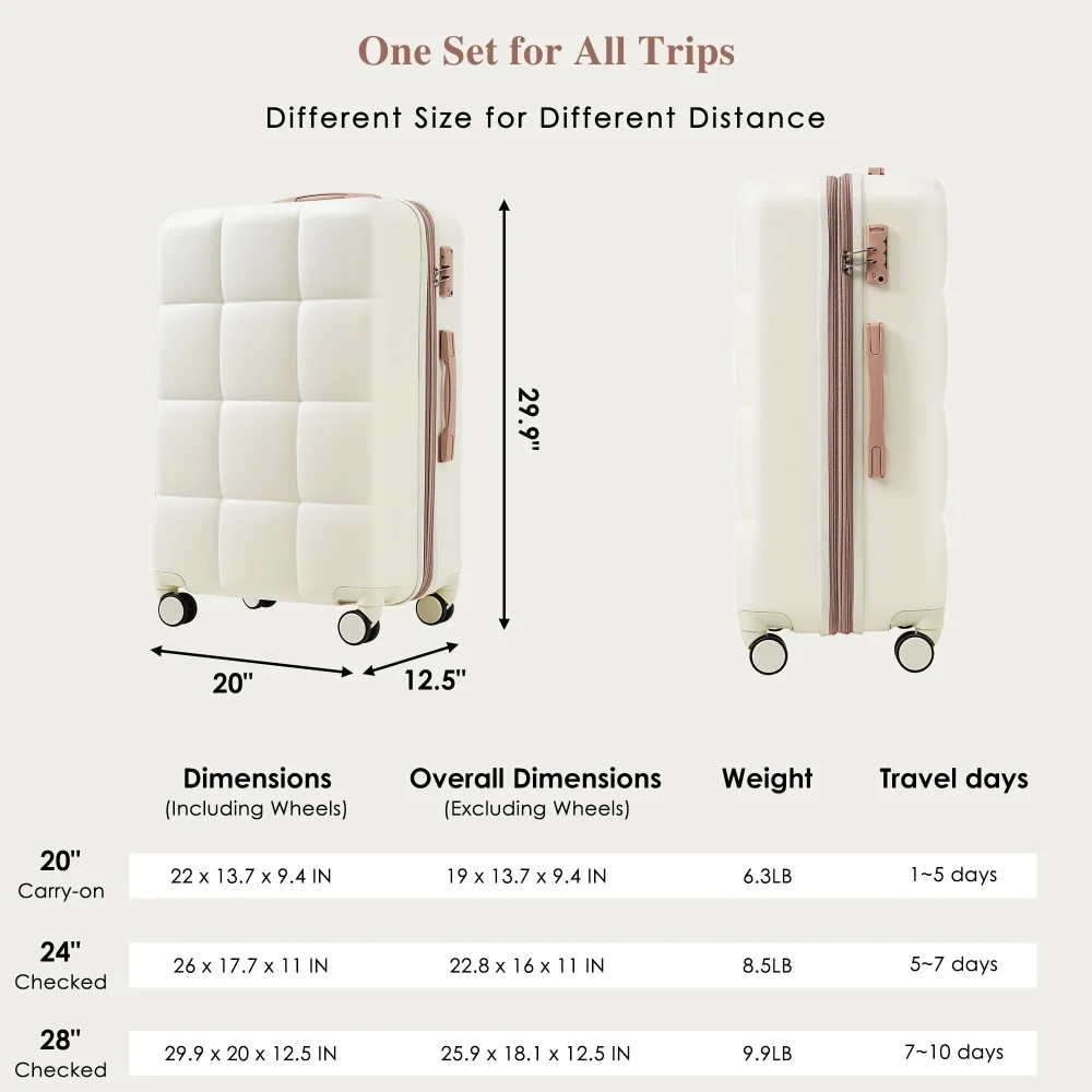 Luggage Sets 4 Piece, 20-inch with USB Port, Expandable ABS Durable Suitcase with Travel Bag