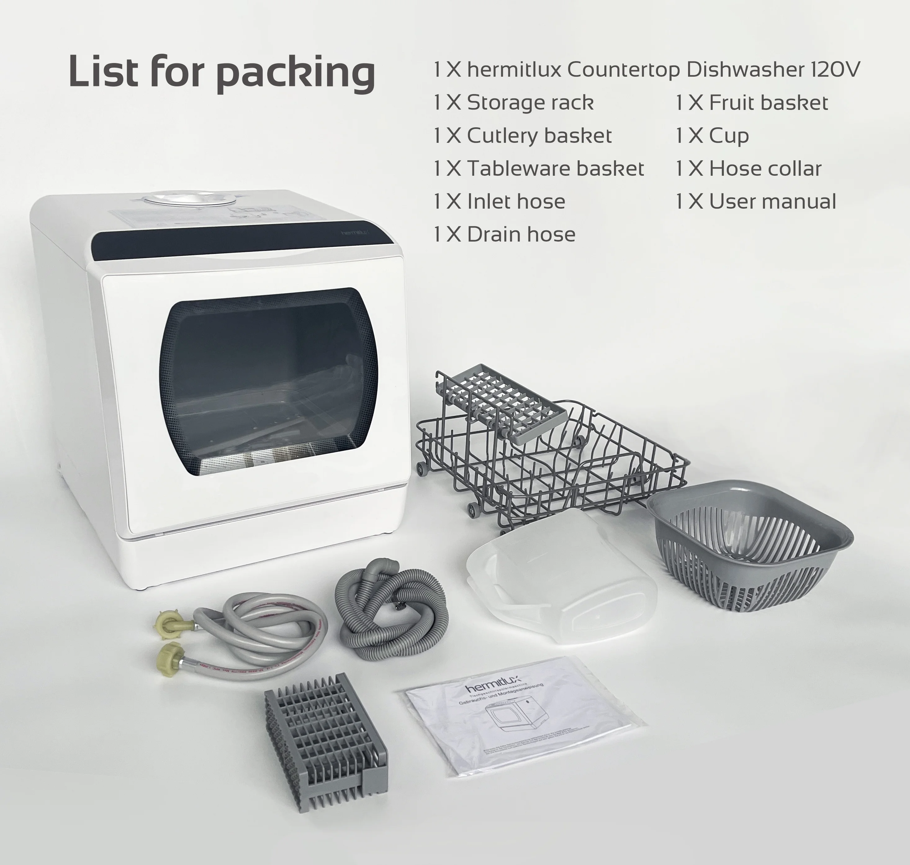Hermitlux Portable Countertop Dishwasher, 5 Washing Programs, 5L Built-in Water Tank and Air-Dry Function, HMX-DW03