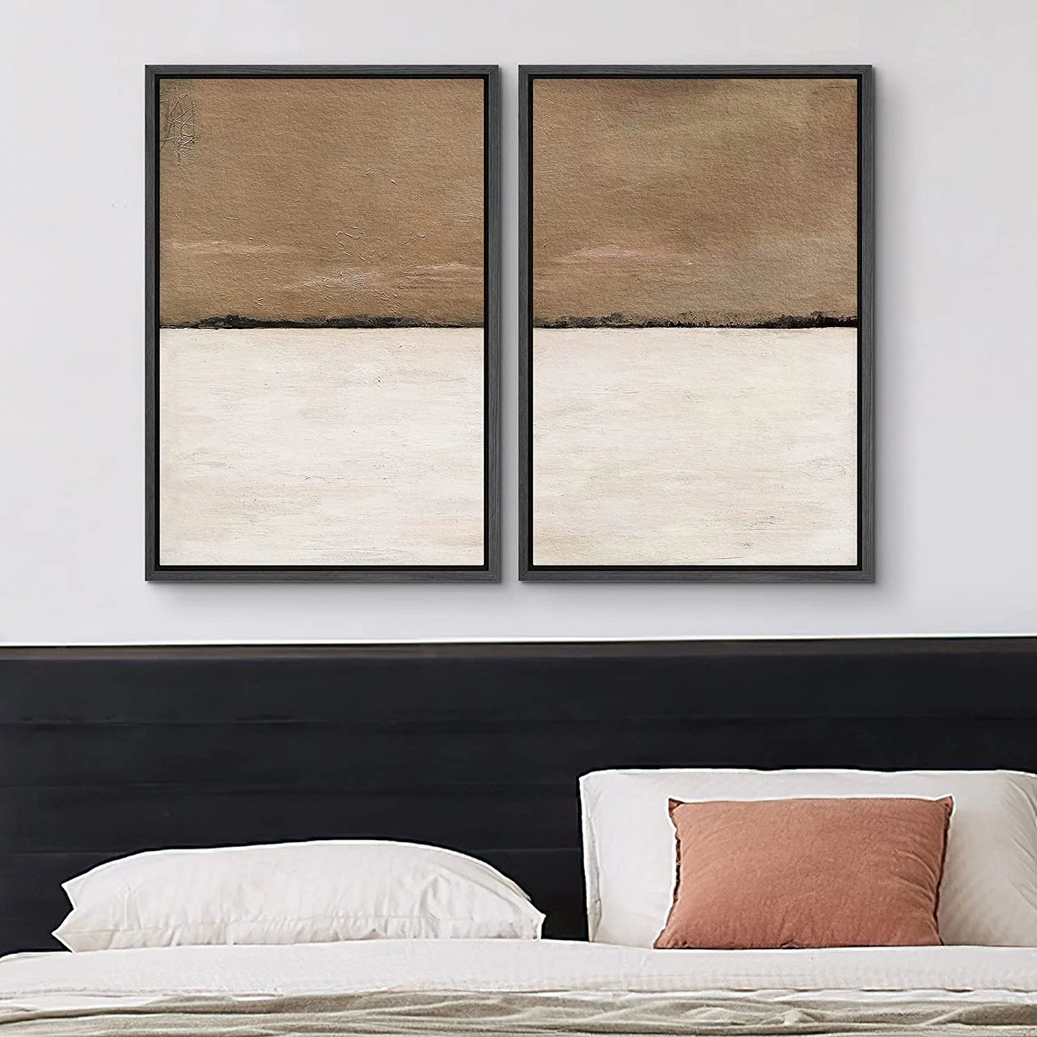 IDEA4WALL Framed Canvas Print Wall Art Set of 2 Brown Tan Pastel Landscape Geometric Abstract Modern Art Decorative Contemporary Bohemian Artwork for Bedroom, Office - 16