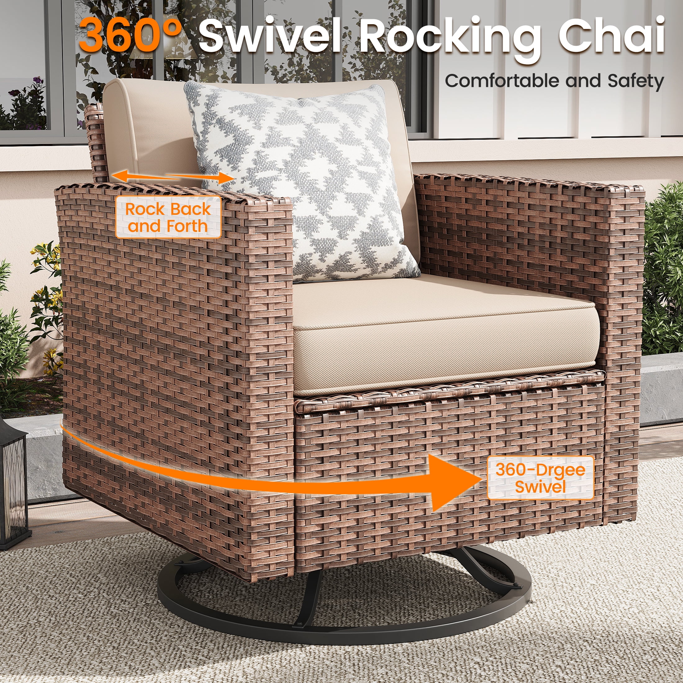 Poteban Outdoor Patio Furniture Set, Rocking Swivel Chair, 9 Pieces Wicker Rattan Sectional Furniture for Backyard (Grey)
