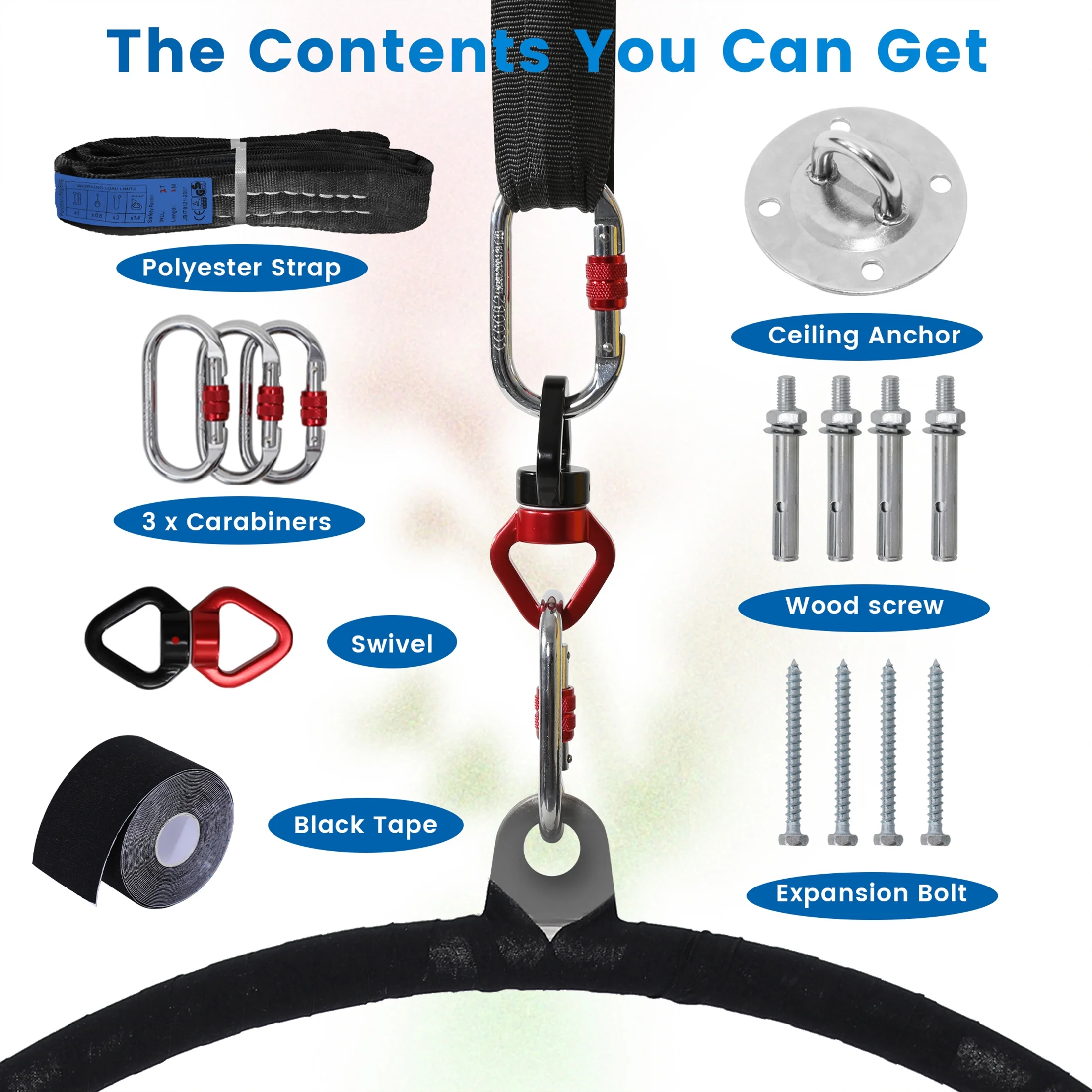 LOGYAT Aerial Hoop, Lyra Hoop 85CM, 1 Ceiling Anchor, 3 Locking Carabiners, Spanset, Grip Tape, 360 Swivel, Carry Bag, 32mm Thickness