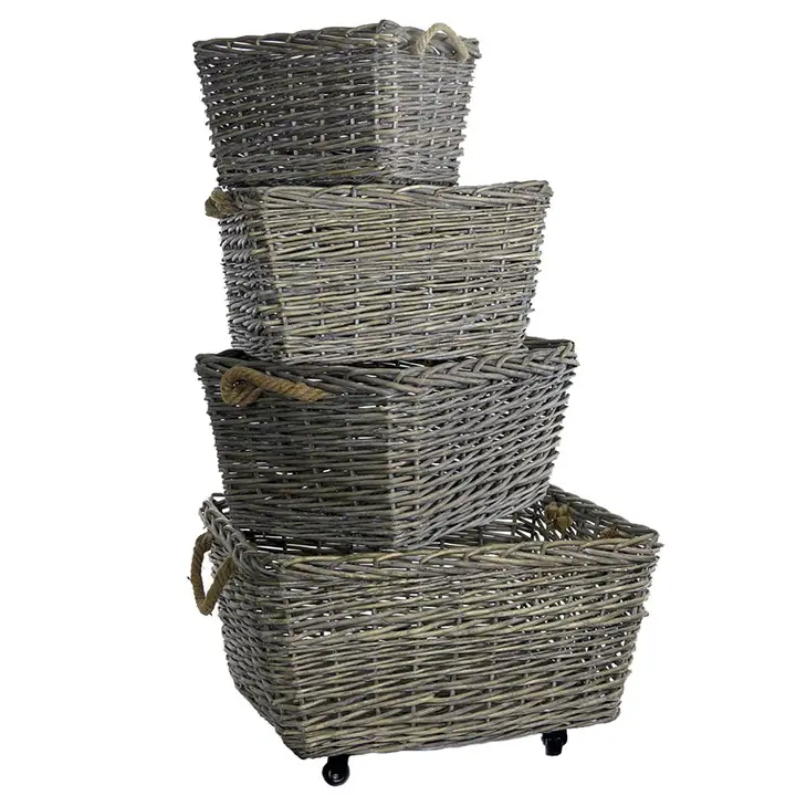Set of 4 Rectangular Willow Baskets - Largest On Casters