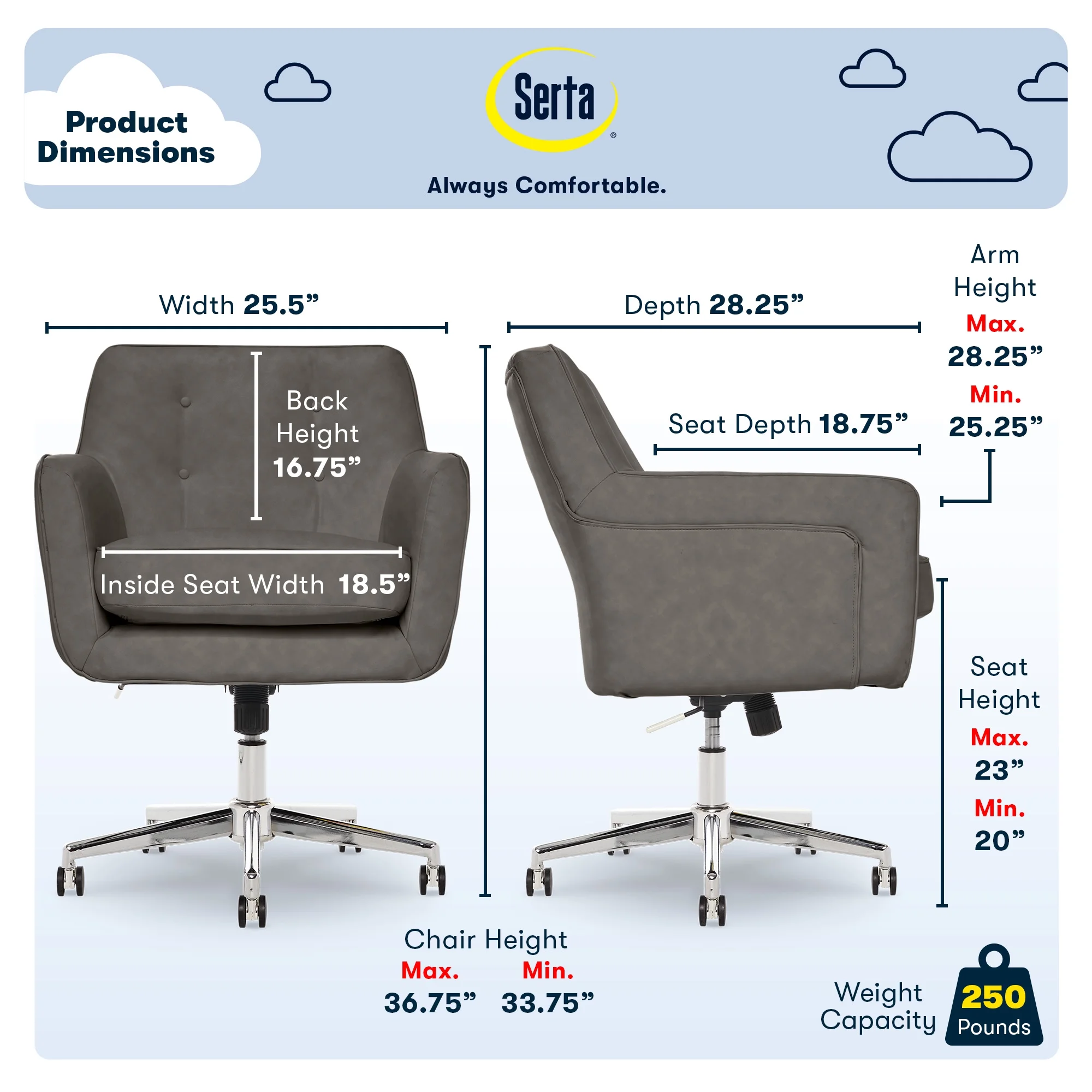 Serta Ashland Office Desk Chair, Button Tufted Mid-Back, Memory Foam Cushion, Chrome Swivel Base, Charcoal