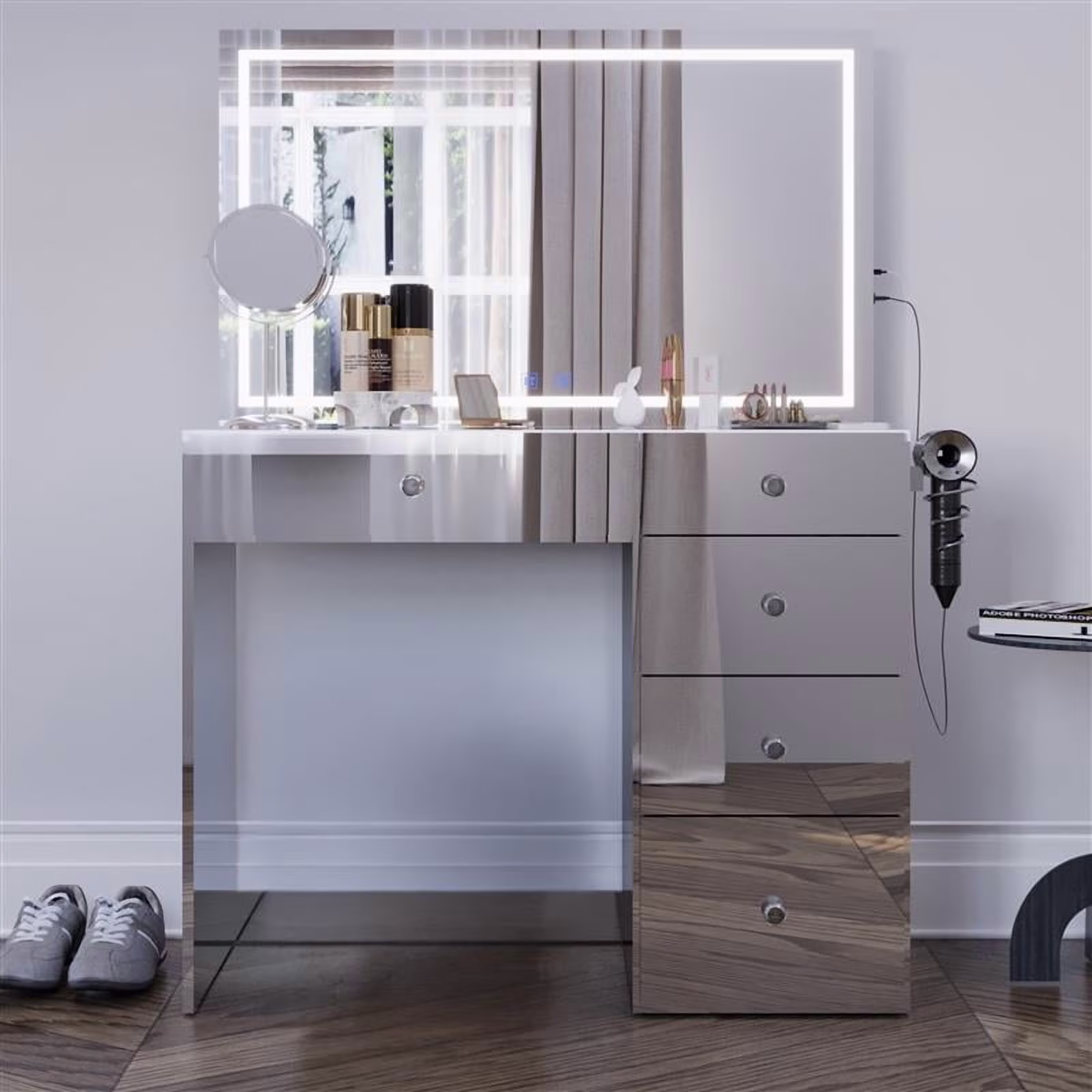 Boahaus Alana White Vanity Desk with LED Lighted Mirror, 5 Drawers, Jewelry Divider, Bluetooth Speakers, and Charging Station