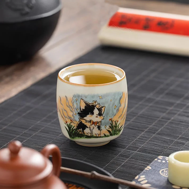 Buddha Stones Cute Bow Tie Cat Teacup Kung Fu Tea Cup