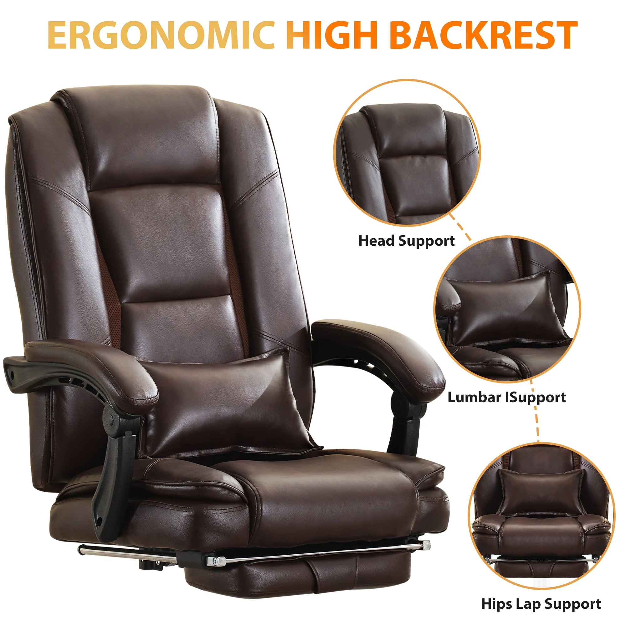 JONPONY Big and Tall Office Chair 500LBS Executive Office Chair Massage and Footrest Ergonomic Computer Desk Chair Reclining High Back Leather Office Chair Lumbar Back Support Swivel Rolling,Black