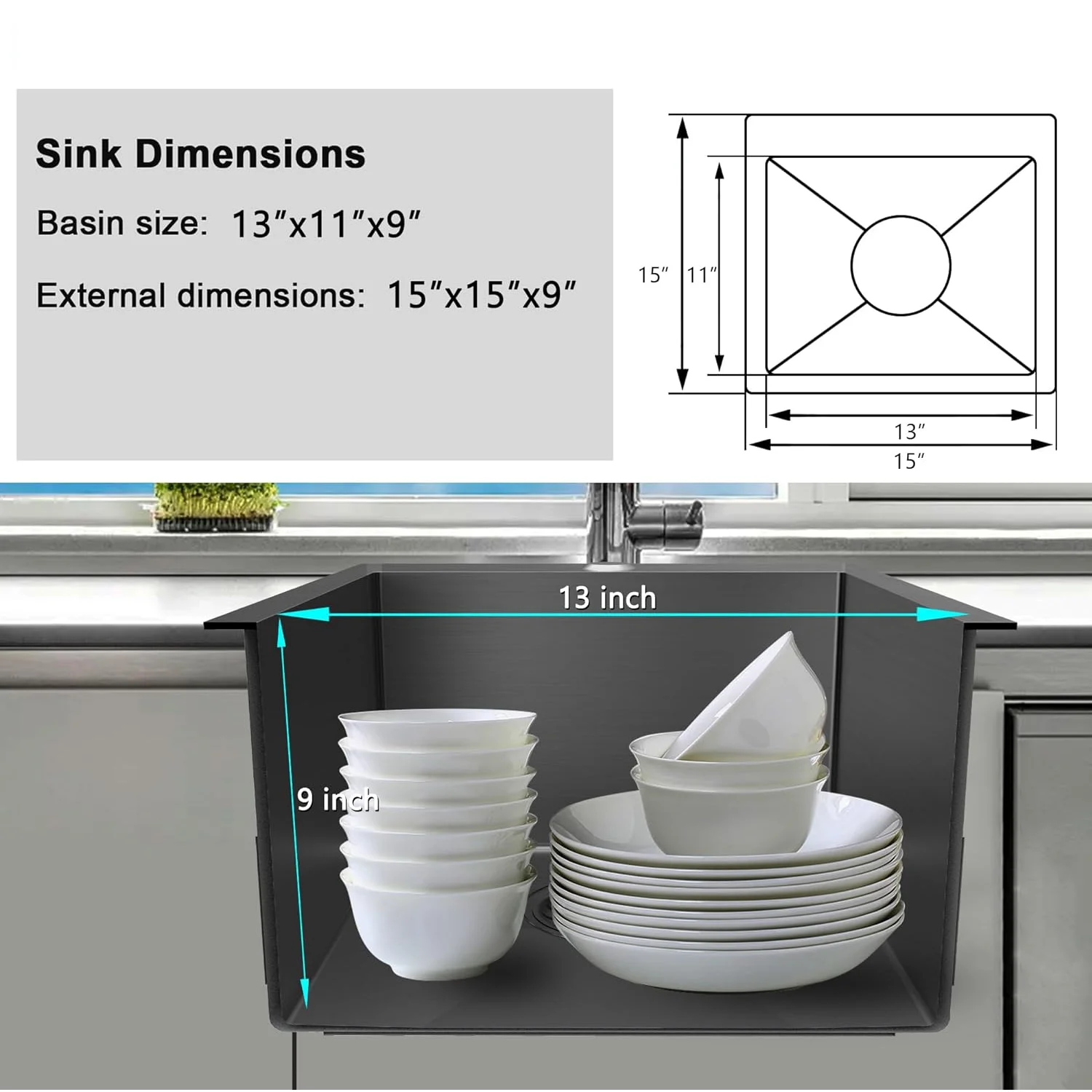 15 x 15 Inch Black Drop In Kitchen Bar Sink, Small Kitchen Sink Single Bowl Topmount Bar Prep Sink 18 Gauge Stainless Steel Bar Sink with Grid and Basket Strainer