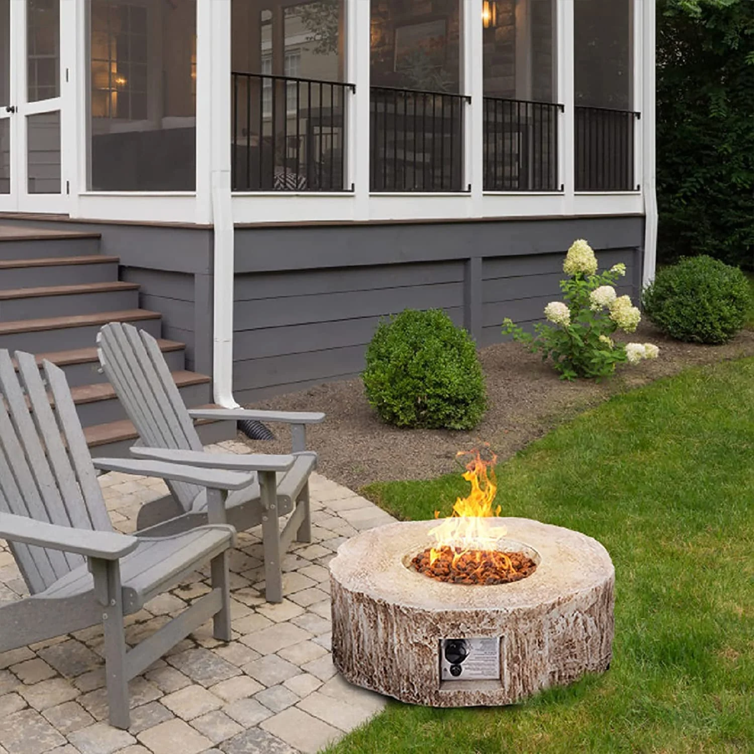 UIXE Gas Fire Pit Bowl Table, Faux Stump Outdoor Propane Firepit Round Table with Lava Rock, Waterproof Cover, Smokeless Fire Pit for Outside Patio Garden Backyard, 28 inch 30,000 BTU, CSA Approved