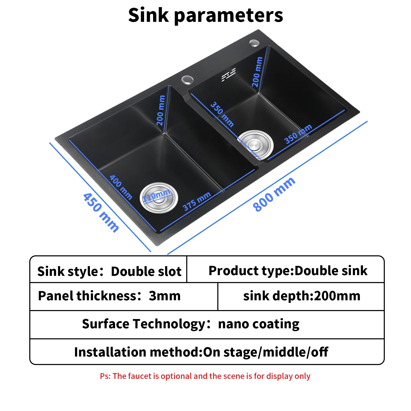 MEET Double Bowl Kitchen Sink & Drain Kit, 32 in Stainless Steel Vegetable Dishwashing Basin with Sewer Pipe Drain Basket, 8-Inch Deep, Black
