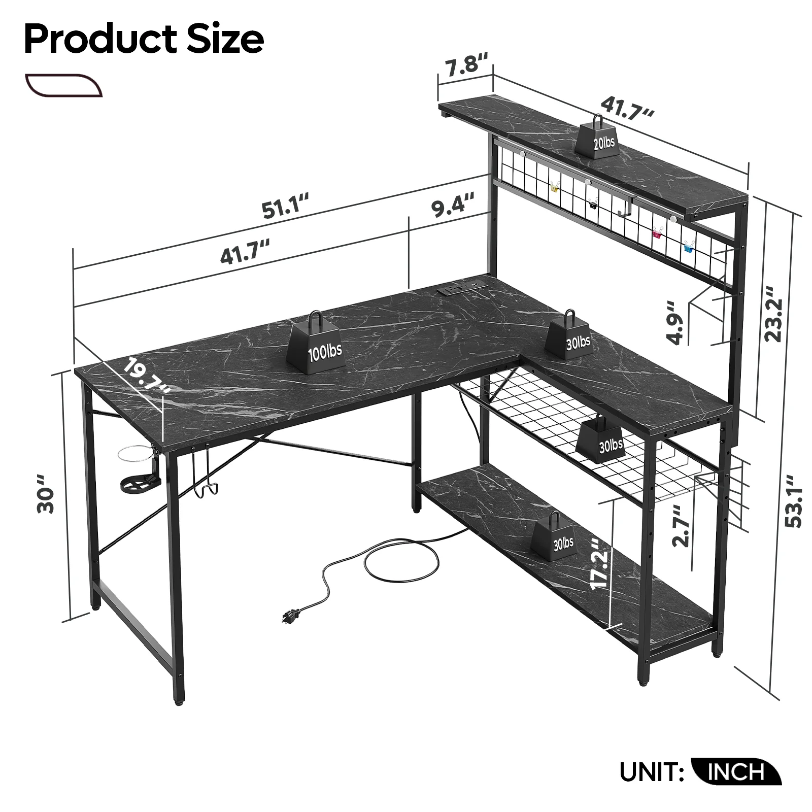 Bestier 51 L Shaped Gaming Desk with Power Outlets & LED Light, Computer Desk with 4 Tiers Shelves for Home Office, Reversible Gamer Table with Hooks and Cup Holder, Carbon Fiber