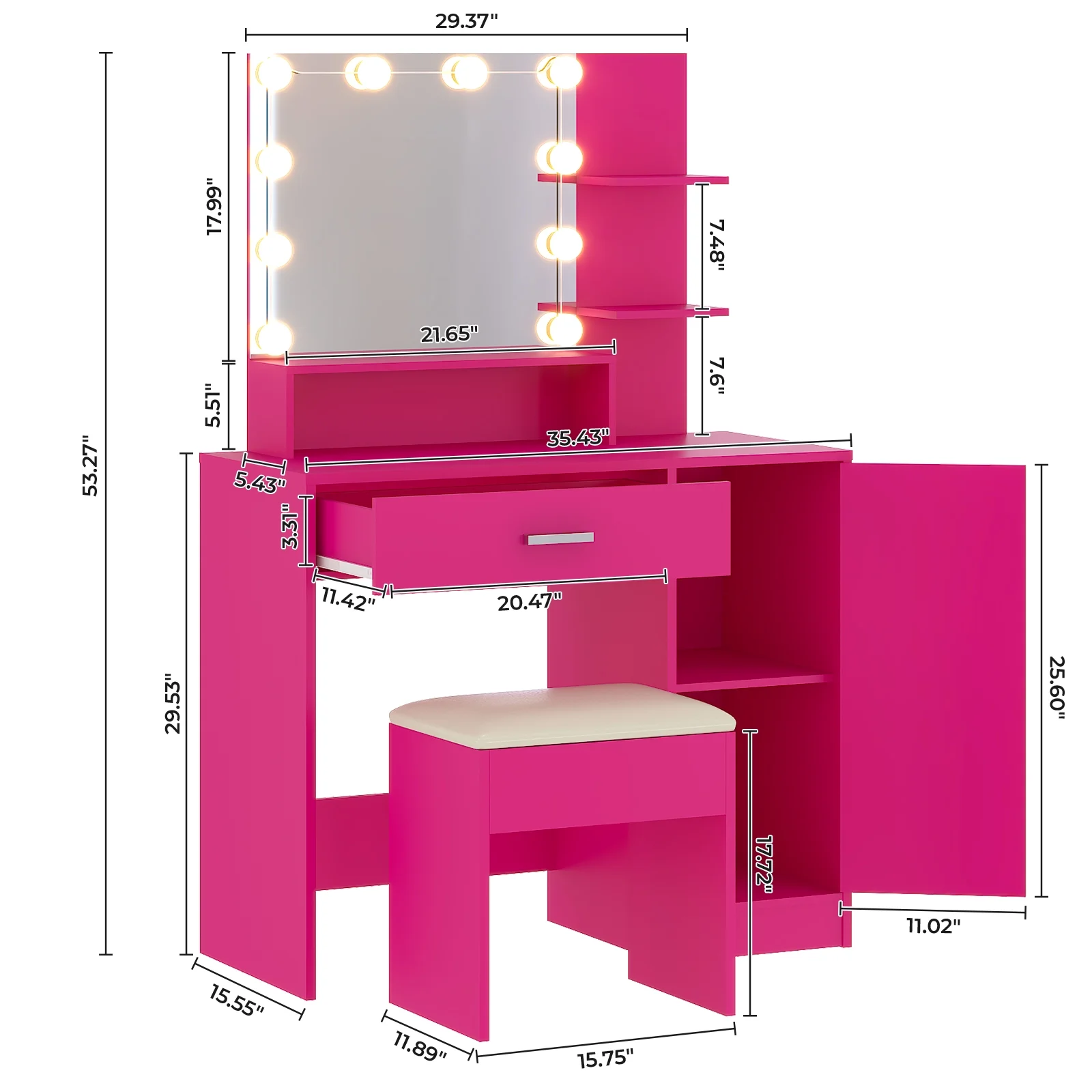 Ktaxon Vanity Set with 3 Color Lighted Mirror, Makeup Table with 3 Storage Shelves & Drawers, Dressing Table Makeup Desk with Stool,White