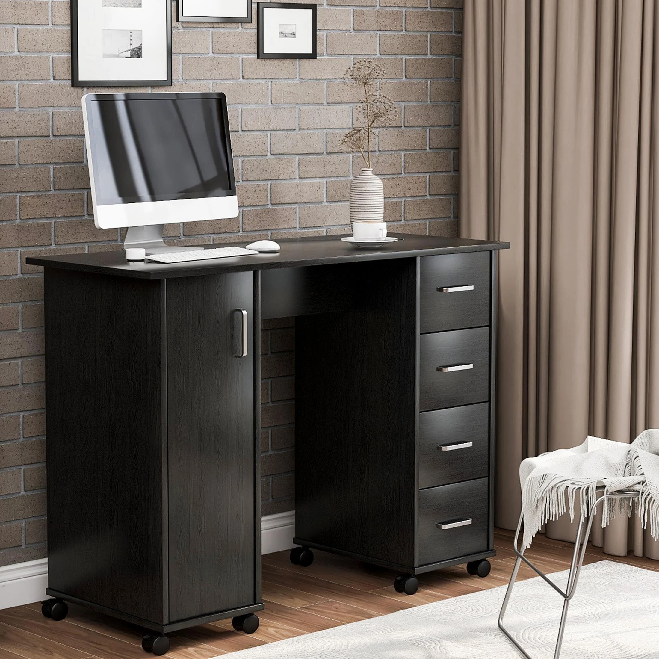 Sesslife White Computer Desk, Writing Desk with Lockable Wheels???Modern Wood Study Desk with 4 Drawers for Home Office Workstation