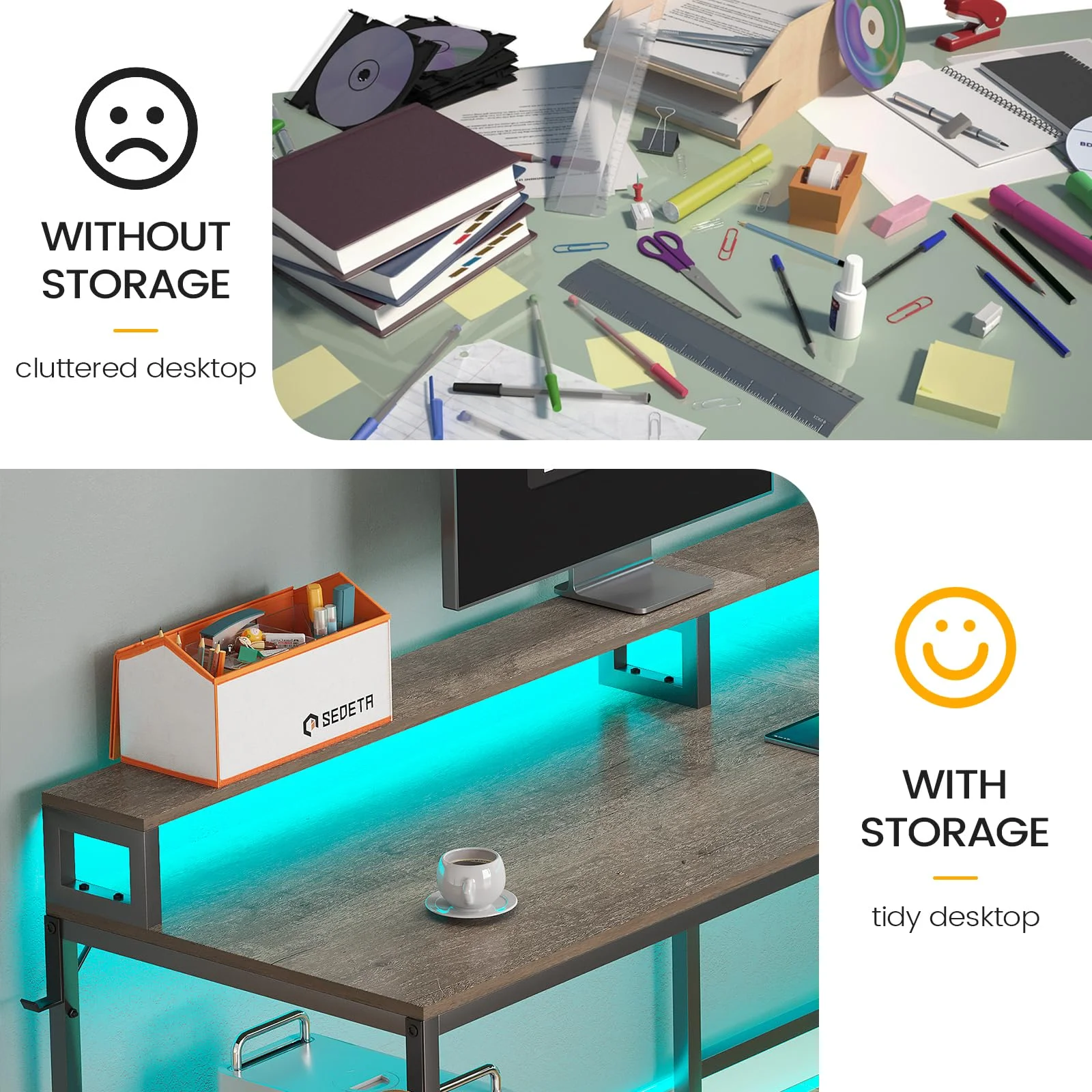 L Shaped Desk with Power Outlet and LED Lights, Corner Computer Desk with File Drawer for Home Office,  Gaming Desk,  Rustic Brown
