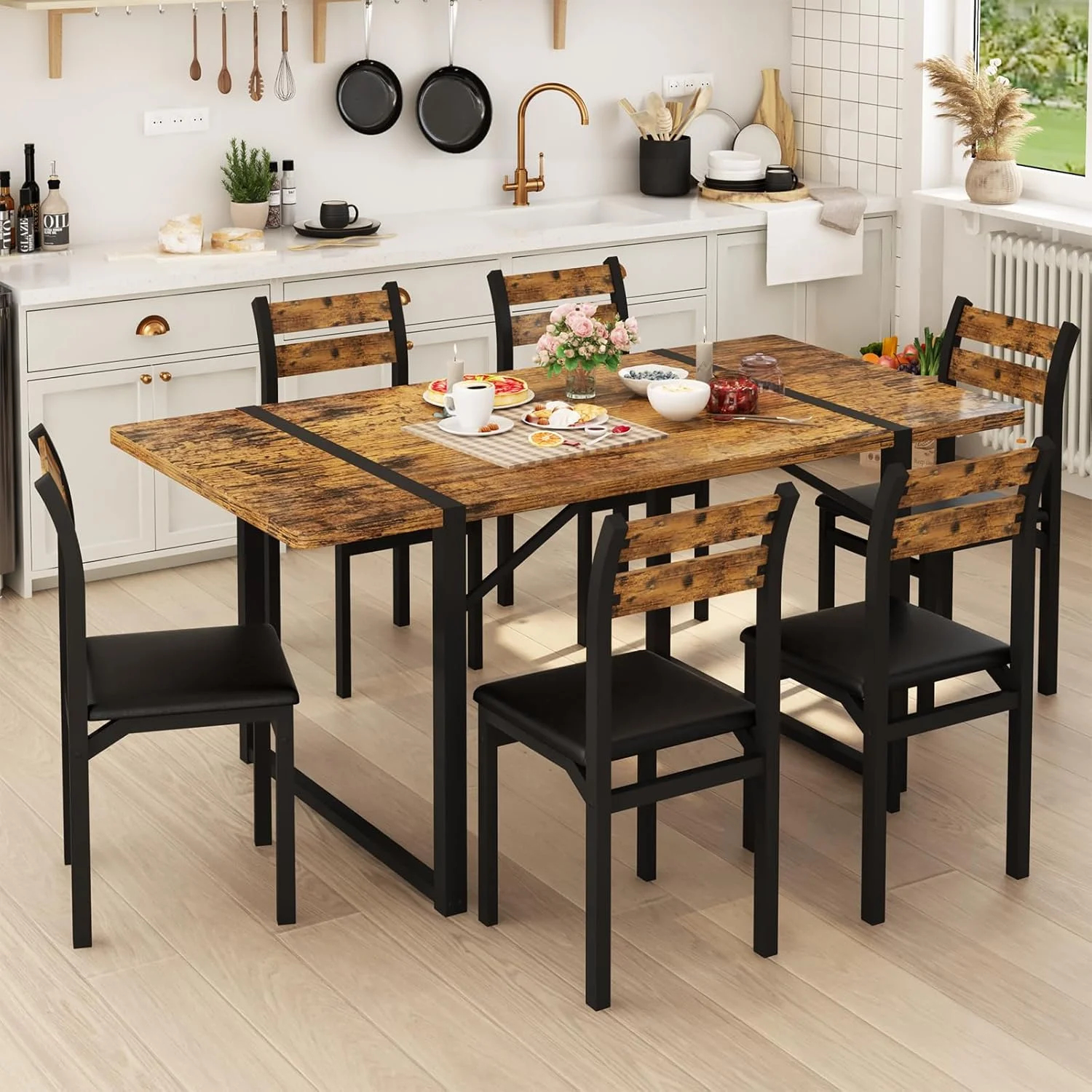 Baxluxe 55-inch 4-6 person dining table set, solid wood 7-piece kitchen table and padded backrest chairs, space-saving dining table, suitable for kitchen dining rooms, Farmhouse Brown