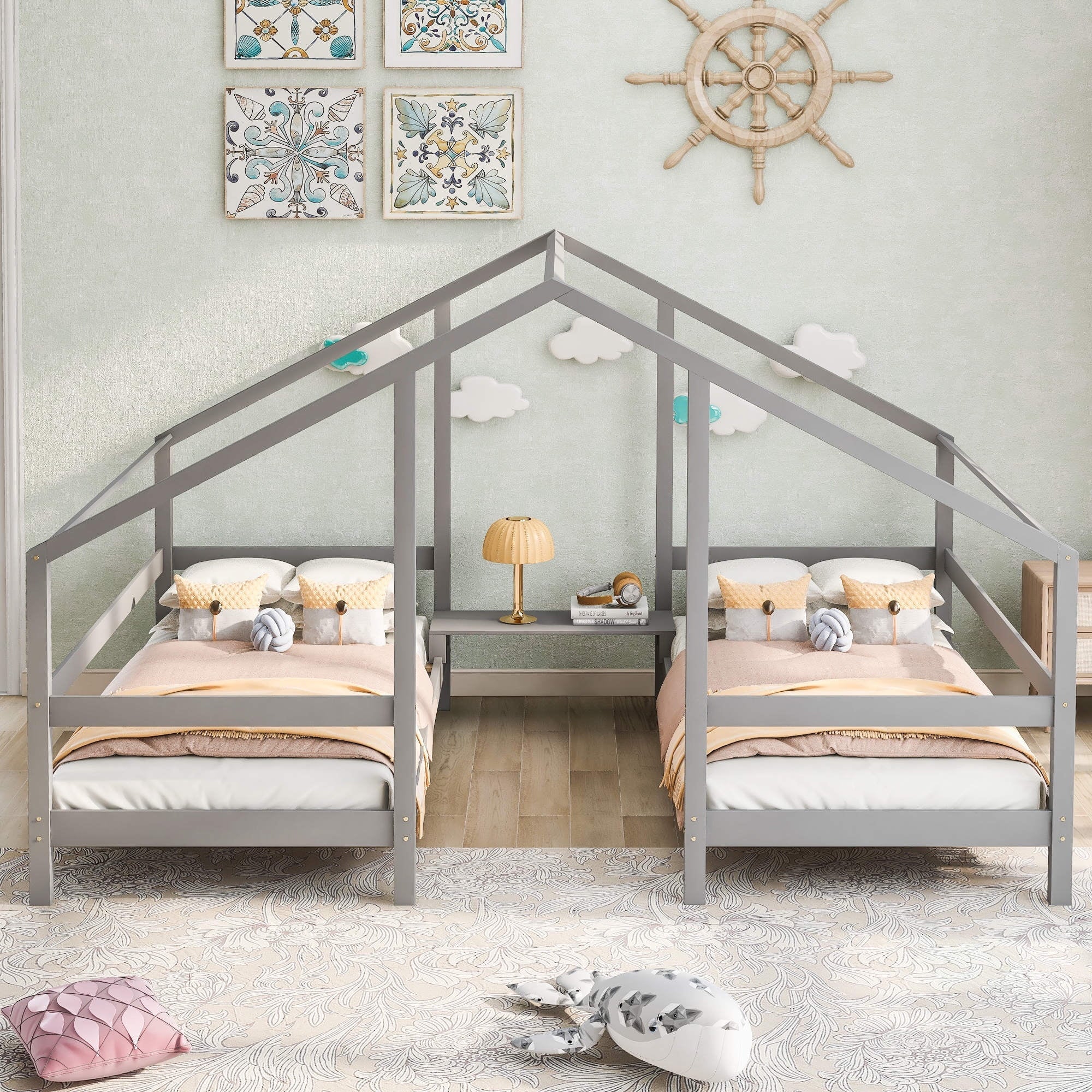 Double House Beds with Built-in Table,Two Twin Size Wood Platform Bed Frame with Triangular Roof and Headboard/Footboard, Canopy Bed for 2 Kids, Triangular House Beds, No Box Spring Needed, Gray