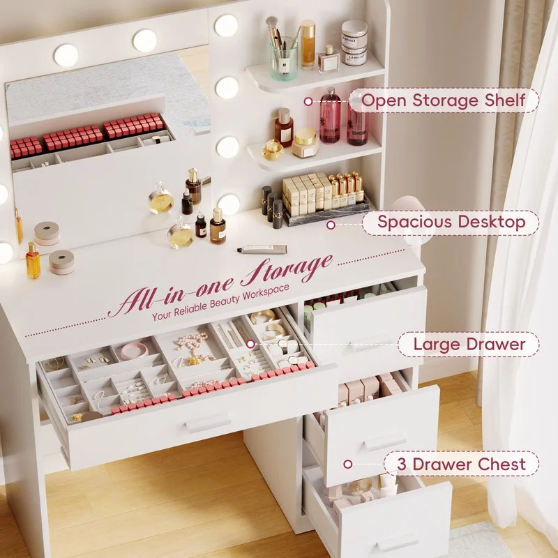 Lacoo Vanity Desk with Mirror and LED Lights, Makeup Vanity with 7 Drawers & 4 Shelves, Vanity Table with Power Outlet for Bedroom Dressing Room, White