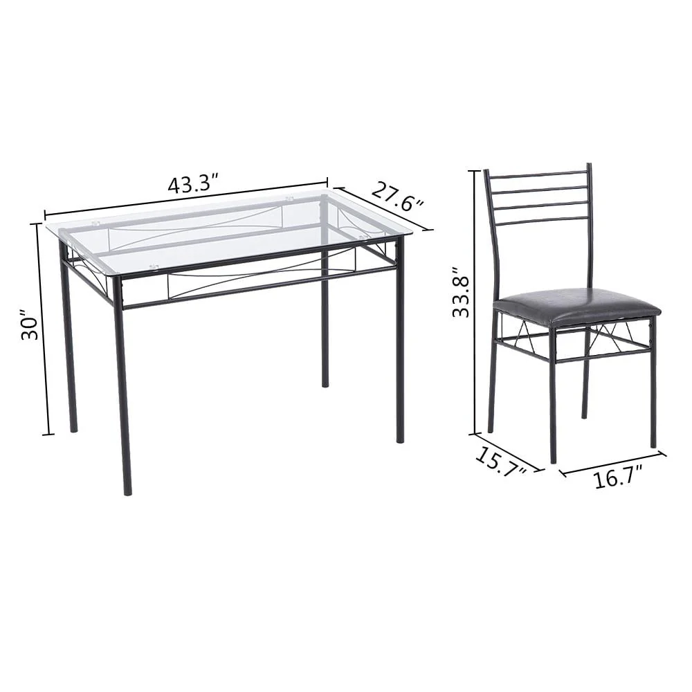 Zimtown 5 Pieces Dining Set Table with 4 Chairs Glass Diner Table with Metal Frame Kitchen Dining Room Furniture Black