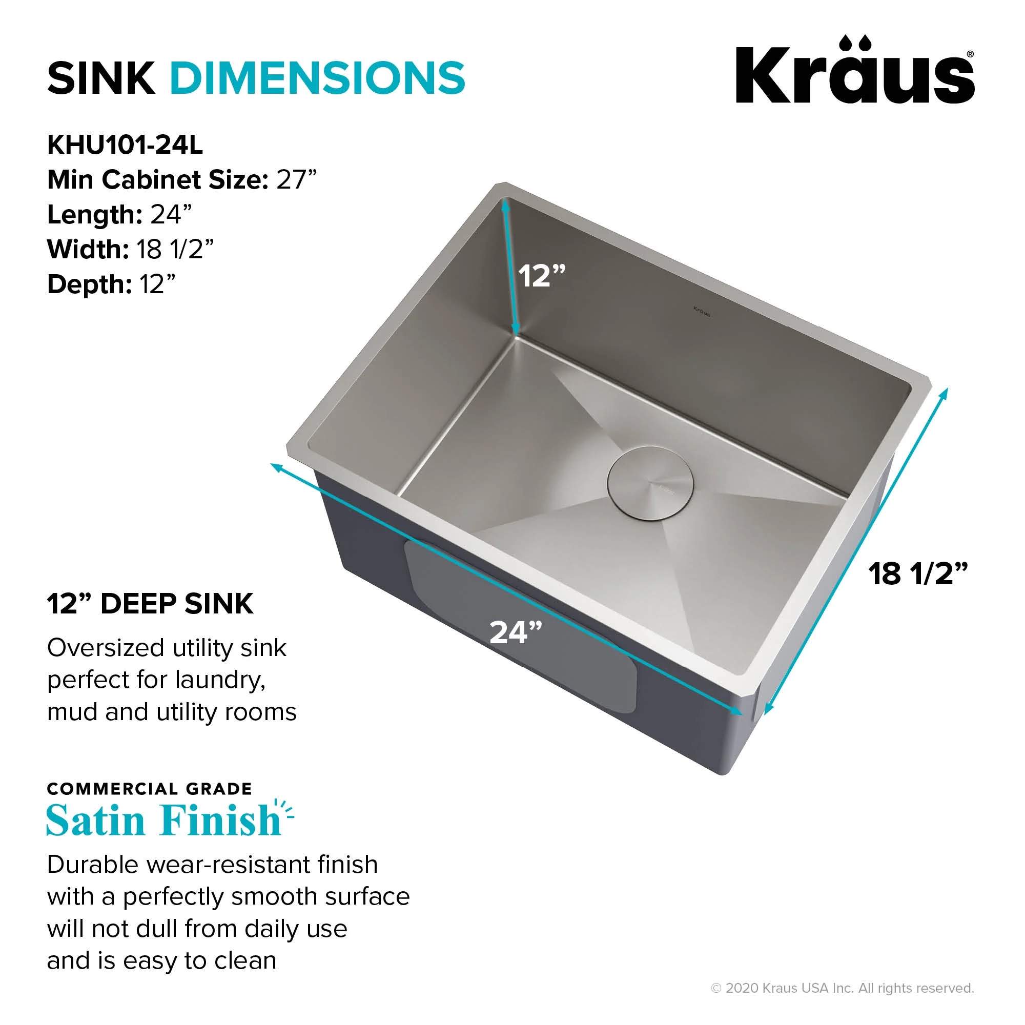 KRAUS Standart PRO�?24�?Undermount 16 Gauge Stainless Steel Single Bowl Laundry Utility Sink