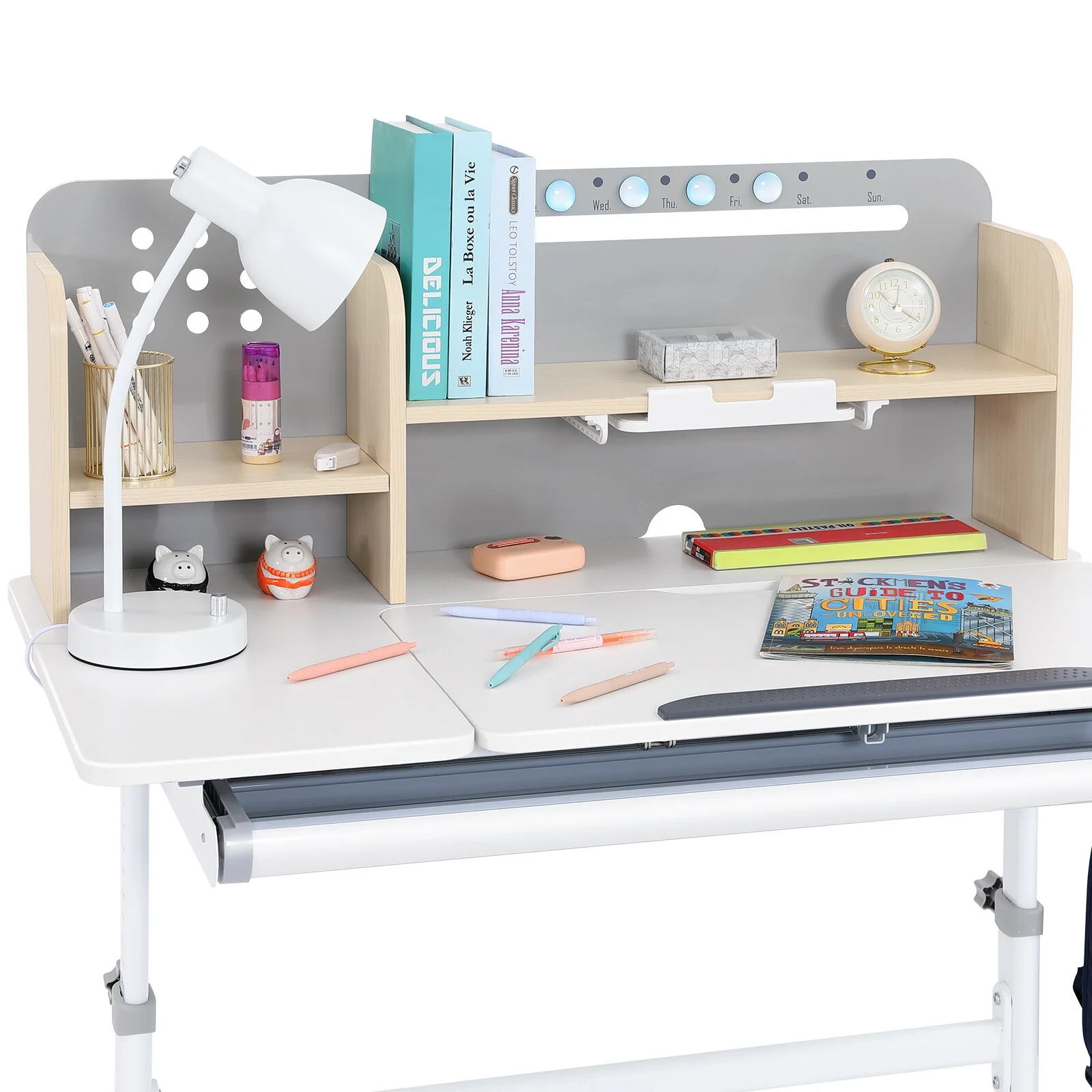 Adjustable Height Ergonomic Kids Study Desk & Chair Set Children Students Drafting Table Home School with Shelf,Drawer(Gray)