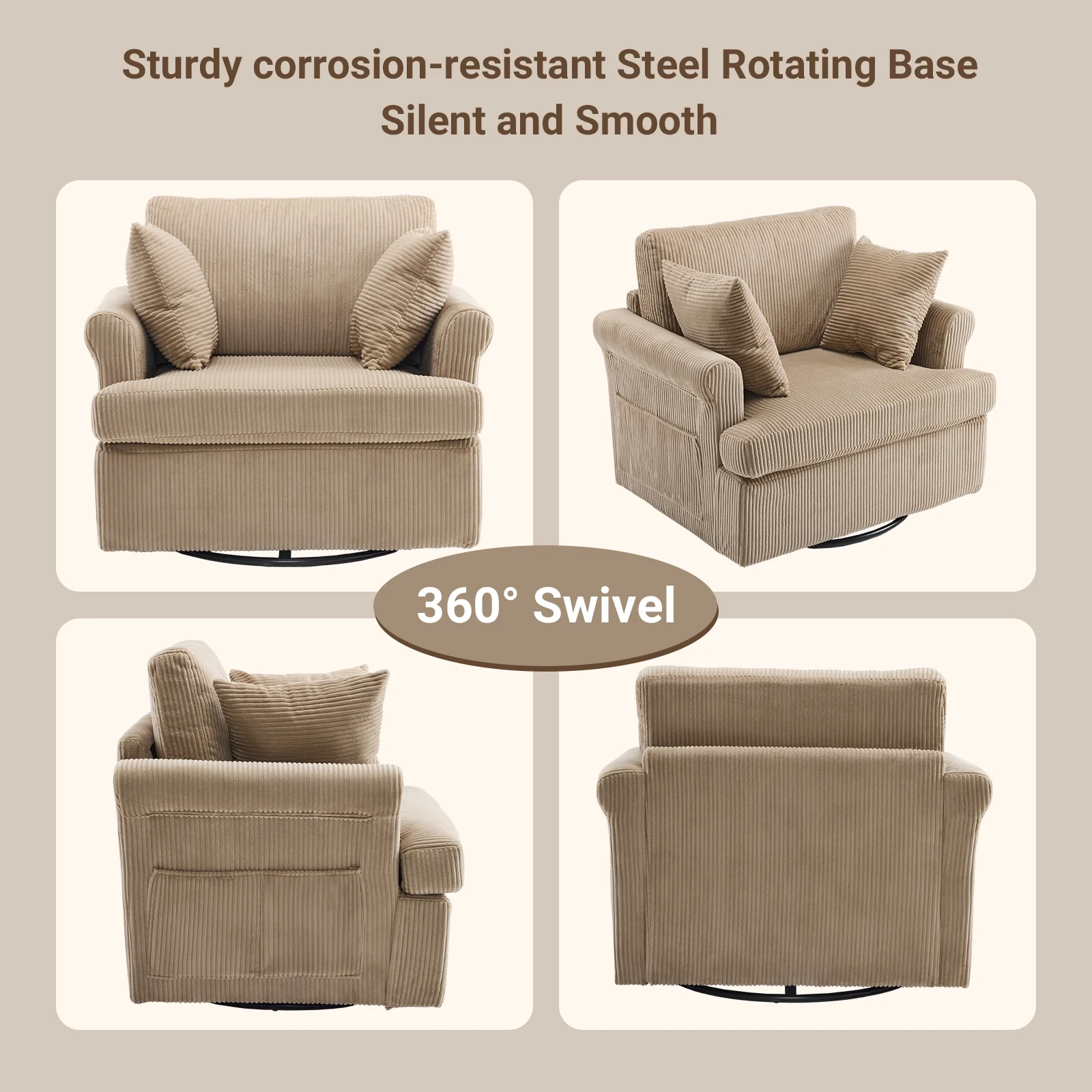 Ktaxon Swivel Accent Chair, 360-Degree Rotation Reading Chair, Corduroy Fabric Sofa with Armrest Pockets, Solid Metal Base, Perfect for Living Room Bedroom Black