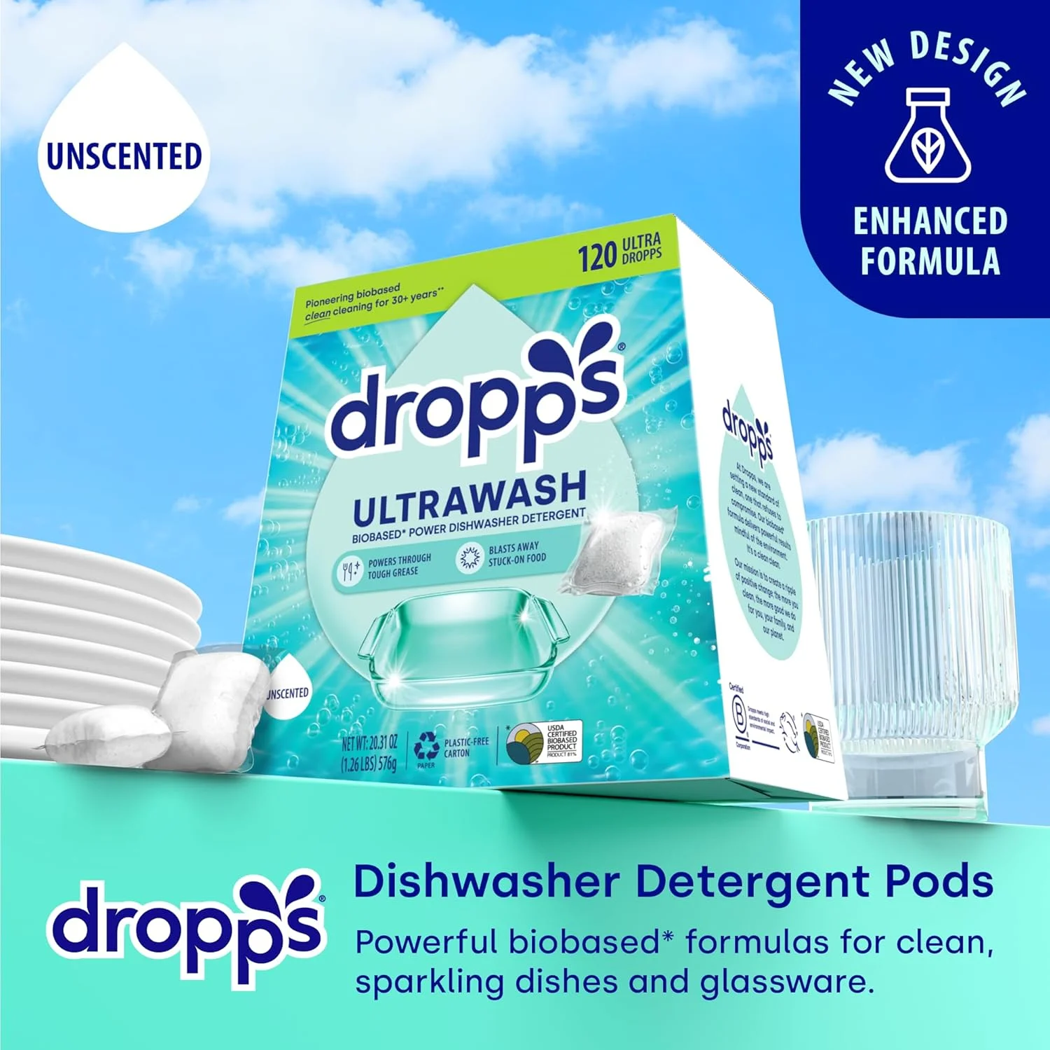UltraWash Dishwasher Pods, Unscented (120 Count) - Biobased Power Deep Clean Dishwasher Detergent Tablets for Sparkling Shiny Dishes - No Rinse Aid or Pre-Wash Needed - Dishwashing Pods