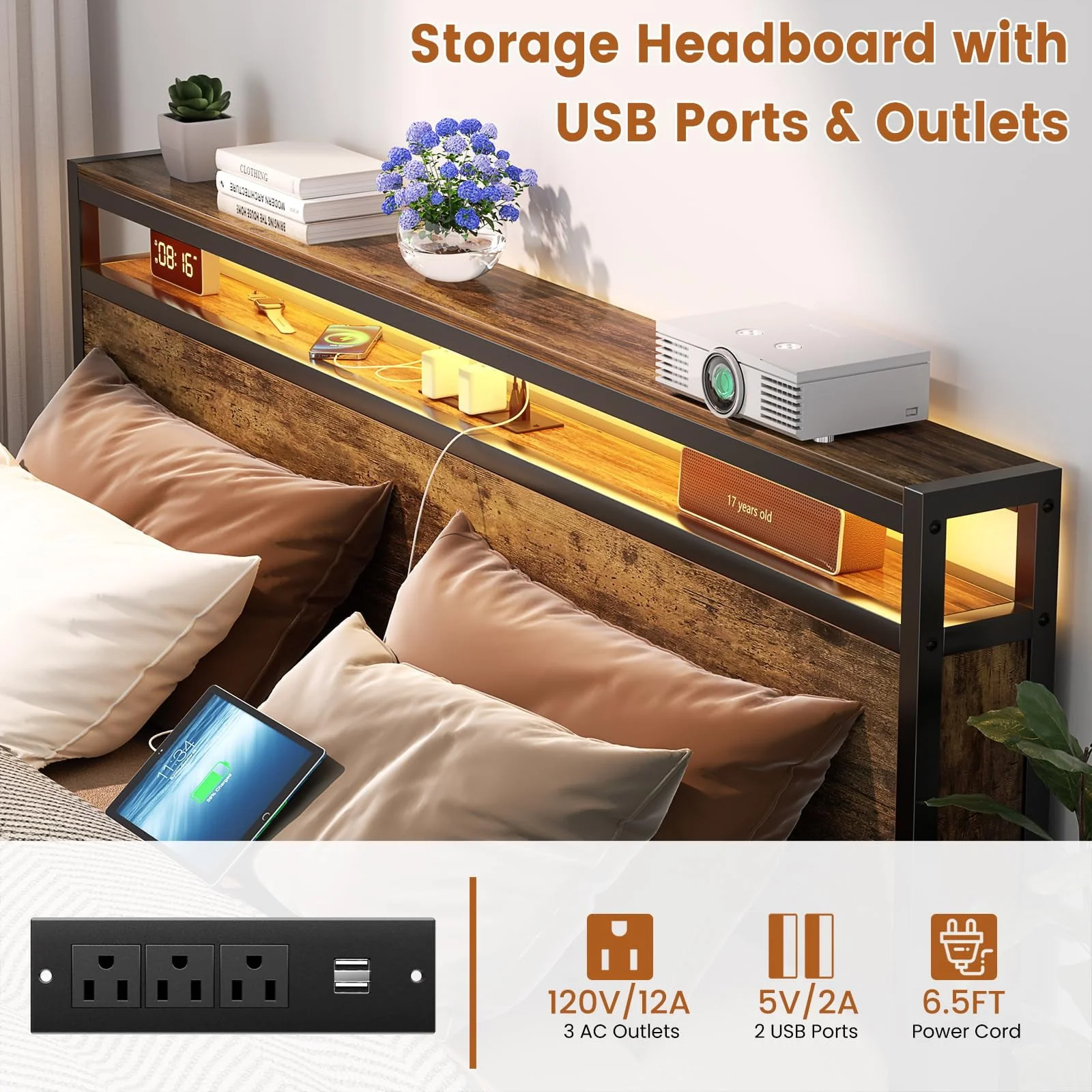 Homieasy Queen Size Bed Frame with Charging Station and LED Lights, Industrial Platform Bed with Storage Headboard, Steel Slat Support, No Box Spring Needed, Noise-Free, Easy Assembly, Rustic Brown
